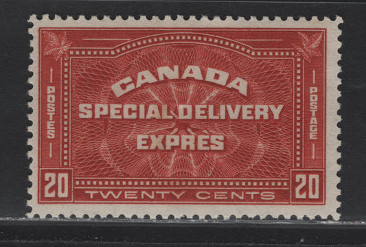 Lot 18 Canada (C) #E4 20c Deep Brownish Vermillion , 1930 Special Delivery Issue, A FNH Single, BABN-DD Paper, Perf 10.85, 42.75x21.25mm Design.