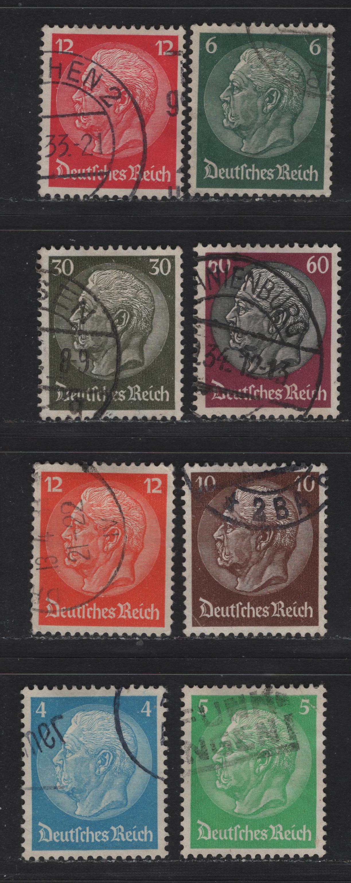 Lot 182 Germany SC#391-393, 403, 405-406, 409, 412 4pf - 60pf Blue - Claret & Black , 1932-1933 Hindenburg Issue, 8 Very Fine Used Singles