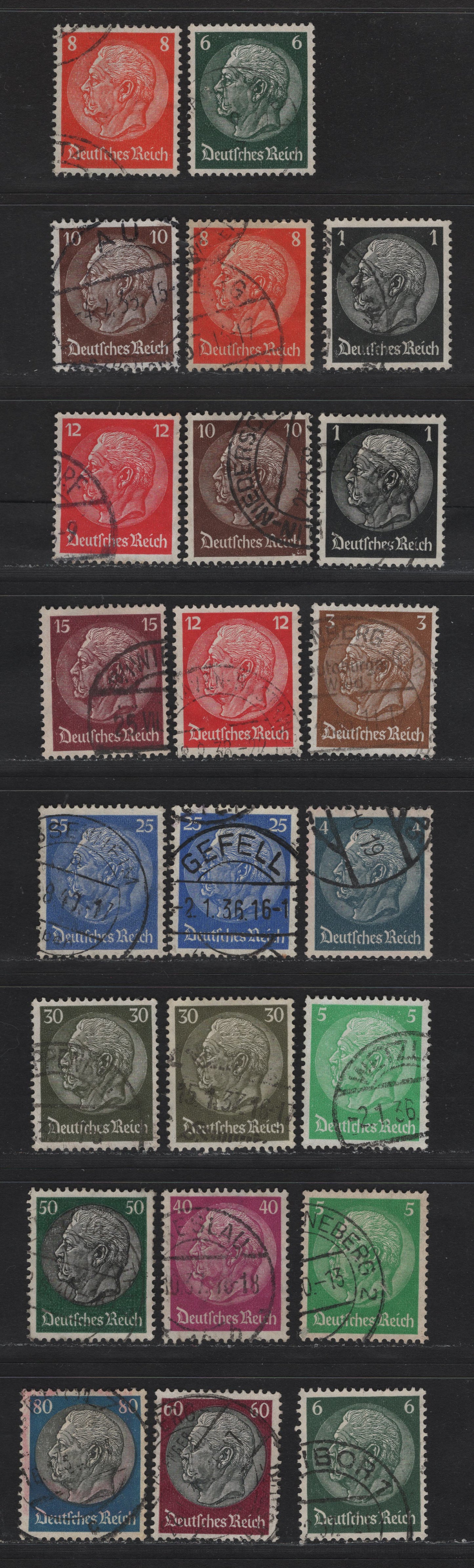 Lot 183 Germany SC#415/430 1pf - 80pf Black - Dark Blue & Black , 1933-1936 Hindenburg Issue, 23 Fine/Very Fine Used Singles, Some Shade Variations