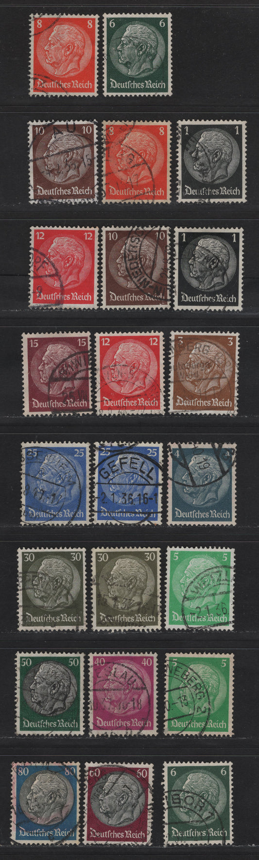 Lot 183 Germany SC#415/430 1pf - 80pf Black - Dark Blue & Black , 1933-1936 Hindenburg Issue, 23 Fine/Very Fine Used Singles, Some Shade Variations