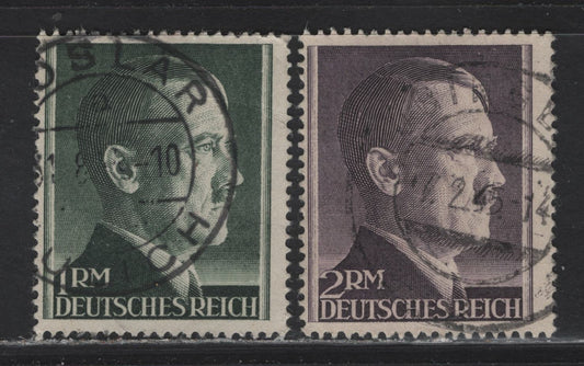 Lot 184 Germany SC#524-252 1m - 2m Dark Slate Green - Dull Violet , 1944 Hitler Heads Issue, 2 Fine Used Singles, Perf 14, Postally Used
