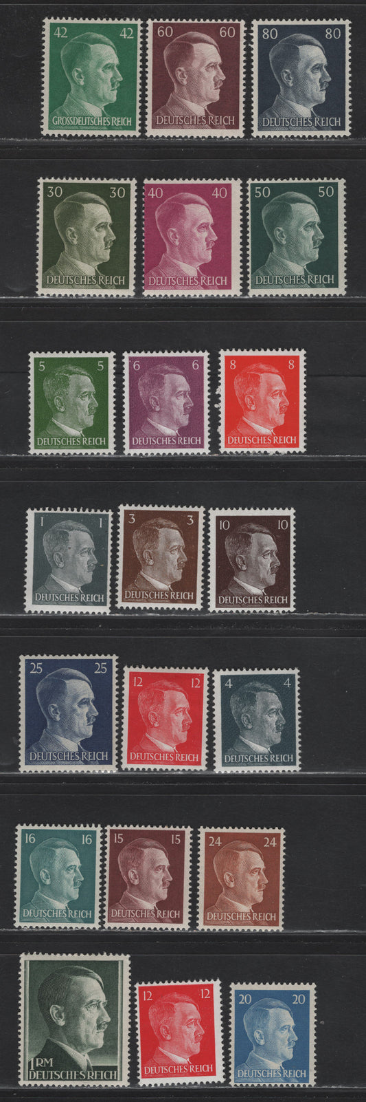 Lot 185 Germany SC#506/524 1pf - 1m Gray Black - Dark SlateGreen , 1941-1944 Hitler Heads Issue, 21 F/VFNH Singles