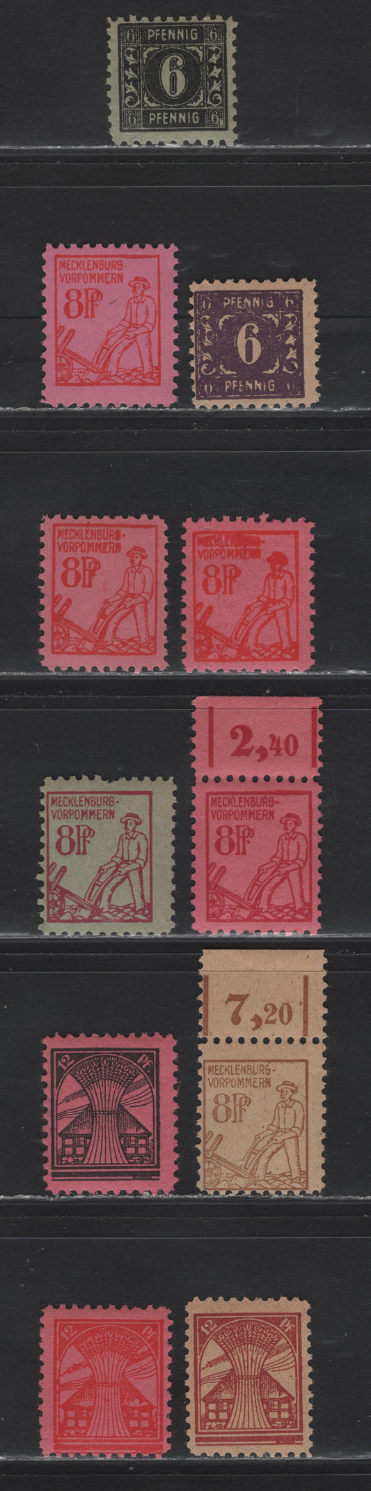 Lot 187 Germany - Russian Occupation Of Mechlenburg-Vorpommern SC#12N1, 12N2, 12N4-a, 12N6, 12N8-12N10, 12N12 6pf - 12pf Black on Green - Red on Rose , 1945-1946 Numeral, Plowman & Wheatsheaf Definitives, 11 F/VFNH Singles, Extra Shades Of 8pf