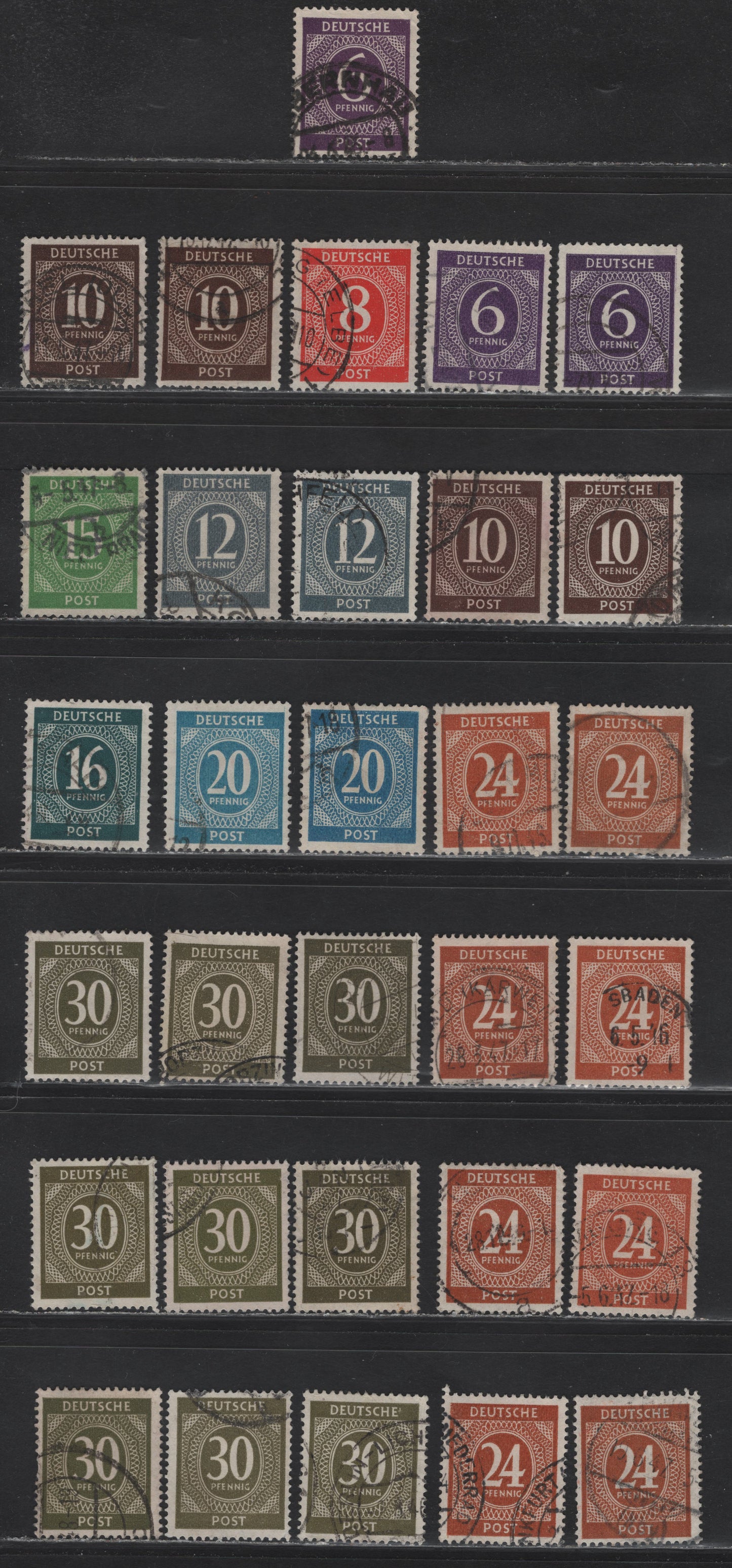 Lot 190 Germany SC#535/547 (Michel# 916a/928b) 6pf - 16pf Purple - Blackish Greenish Blue , 1946 Numeral Issue, 13 Fine/Very Fine Used Singles, Displaying A Very Wide Range Of Shades