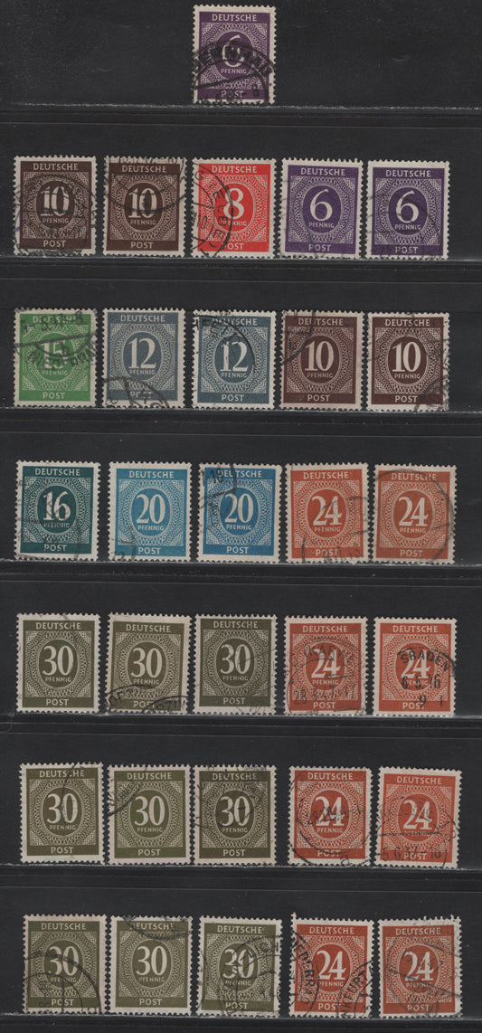 Lot 190 Germany SC#535/547 (Michel# 916a/928b) 6pf - 16pf Purple - Blackish Greenish Blue , 1946 Numeral Issue, 13 Fine/Very Fine Used Singles, Displaying A Very Wide Range Of Shades
