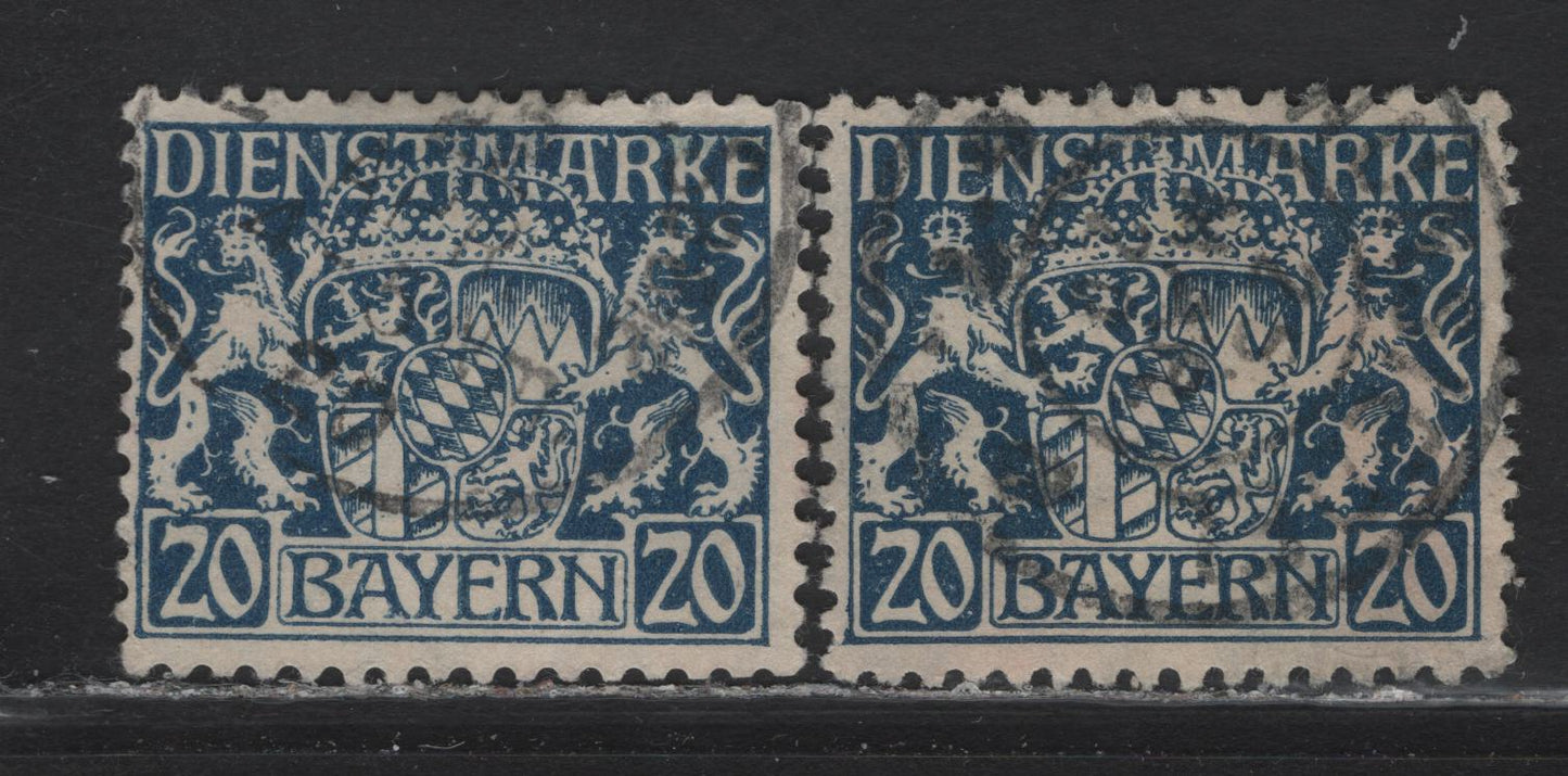 Lot 193 Bavaria SC#O14 (Michel# 28w&y) 20pf Deep Blue , 1916-1917 Official Arms Issue, 2 Fine/Very Fine Used Singles, Papers W & Y