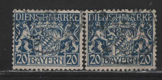 Lot 193 Bavaria SC#O14 (Michel# 28w&y) 20pf Deep Blue , 1916-1917 Official Arms Issue, 2 Fine/Very Fine Used Singles, Papers W & Y