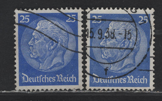Lot 197 Germany SC#424 25pf Medium/Duller Lilac Ultramarine , 1933-1936 Hindenburg Issue, 2 Very Fine Used Singles, Swastika Wmk, The Bright Shade Is The Commonly Seen One On This Value
