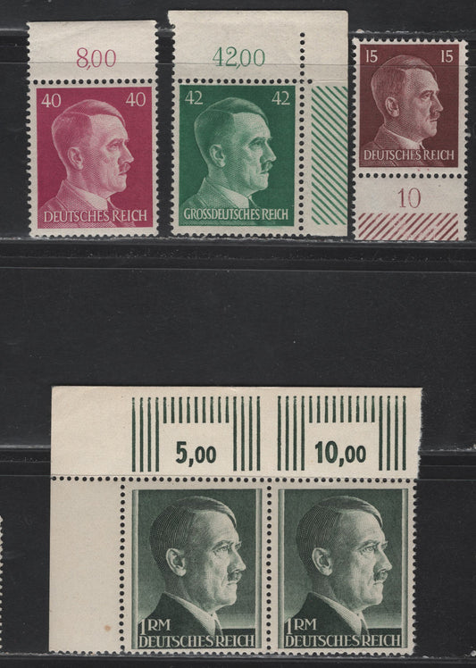 Lot 198 Germany SC#511A, 520, 524, 529 10pf - 1m Dark Brown - Dark Slate Green , 1941-1944 Hitler Heads Issue, 4 F/VFNH Singles & Pair, Plate Counting Tabs, Unlisted In Michel