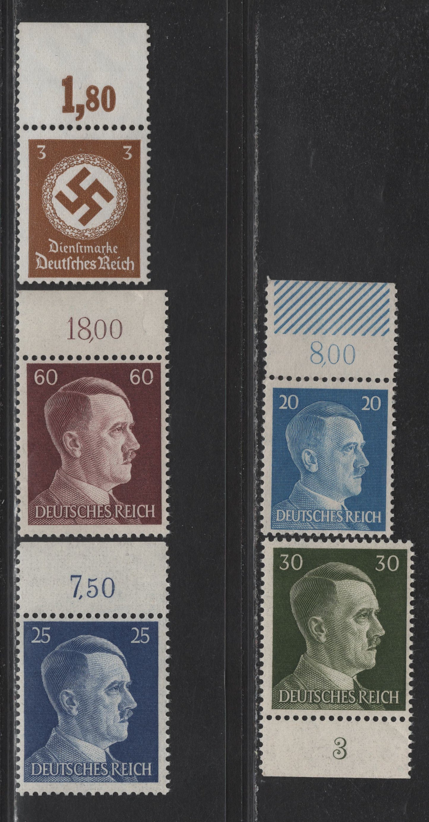 Lot 199 Germany SC#O80, 516, 518-519, 522 (Michel# 166P0R, 791, 794, 793a, 797 20pf - 3pf Light Blue - Bistre Brown , 1934-1944 Officials - Hitler Heads Issue, 5 FNH Singles, Plate Counter Tabs, 166P0R Lists for 15 Euro, With The Others Not Listed