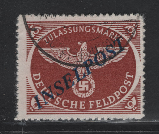 Lot 208 Germany Michel#10BbI Deep Brown Red , 1944 Insel Post on Rouletted Military Parcel Post Issue, A Fine Used Single, Dark Blue Overprint At 36 Degree Angle, CTO Cancel