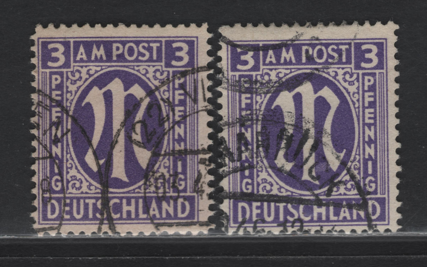 Lot 209 Germany SC#3N2b (Michel# 10Ay, 10Az) 3pf Bluish Violet , 1945-1946 Allied Military Gov't Issue, 2 Fine Used Singles, London Printing, Perf 14.25 on Papers Y & Z