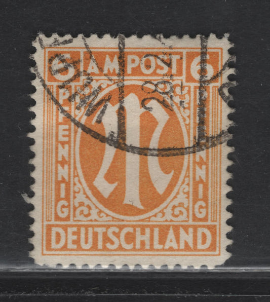Lot 130 Germany SC#3N5b (Michel# 13Ay) 6pf Yellow Orange , 1945-1946 Allied Military Gov't Issue, A Fine Used Single, London Printing, Perf 14.25, Paper Y.