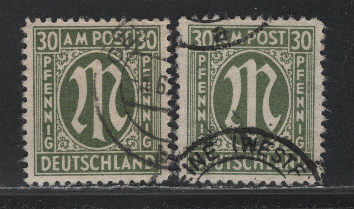 Lot 215 Germany SC#3N14 (Michel# 29aAz & aBz) 30pf Gray Olive , 1945-1946 Allied Military Gov't Issue, 2 Very Fine Used Singles, Paper Z, Perfs 11 & 11x11.5