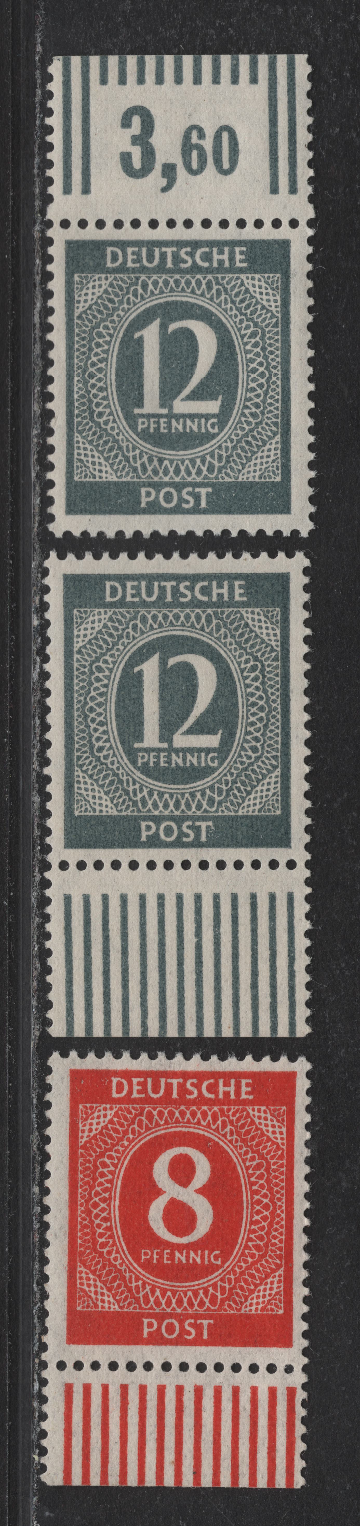 Lot 222 Germany SC#536, 538 (Michel# 917aW0R, 920aW0R) 8pf Orange Red & Deep Gray , 1946 Numeral Issue, 3 VFNH Singles, Rotary Press, Sheet Margin Counter Tabs