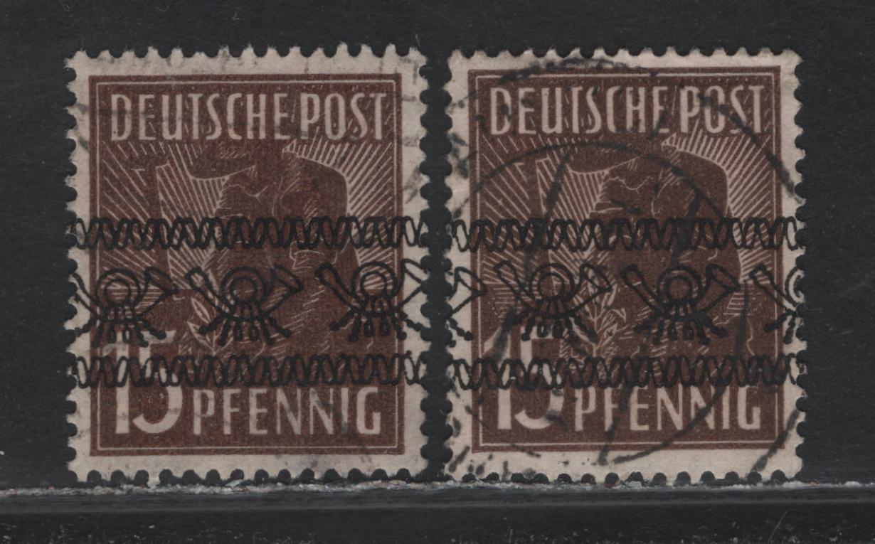 Lot 234 Germany SC#605 15pf Sienna & Dark Brown , 1948 Band Posthorn Overprinted Pictorial Issue, 2 Very Good/Very Fine Used Singles, Band Posthorn Overprinted, Small Crease At Top Of Dark Brown Shade