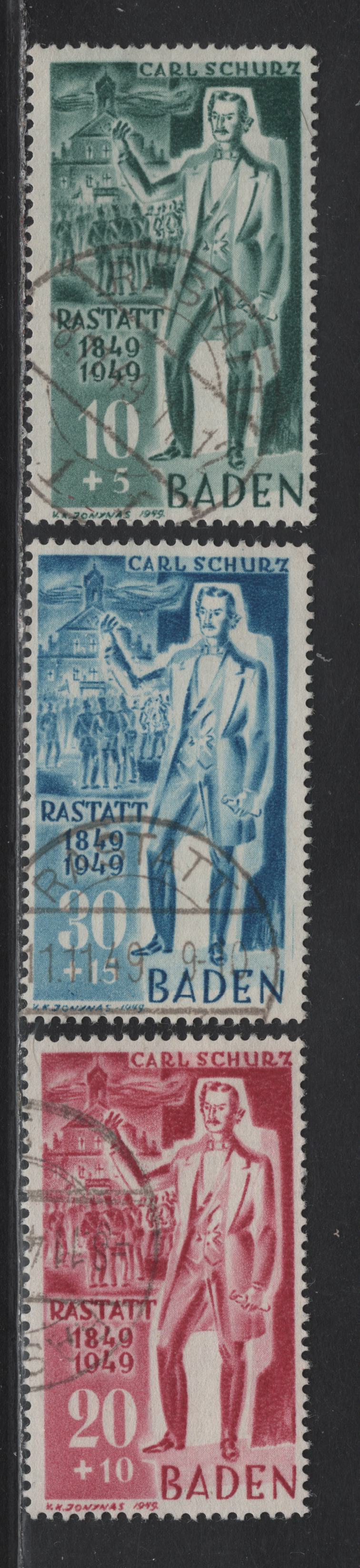 Lot 241 Germany - French Occupation of Baden SC#5NB9-5NB11 (Michel# 50I, 51I, 52II) 10pf+5pf - 30pf+15pf Green - Blue , 1949 Centenary of Surrender Of Rastatt Issue, 3 Fine/Very Fine Used Singles, 20pf+10pf& 10pf+5pf Are Type 1, 30pf+15pf is Type II