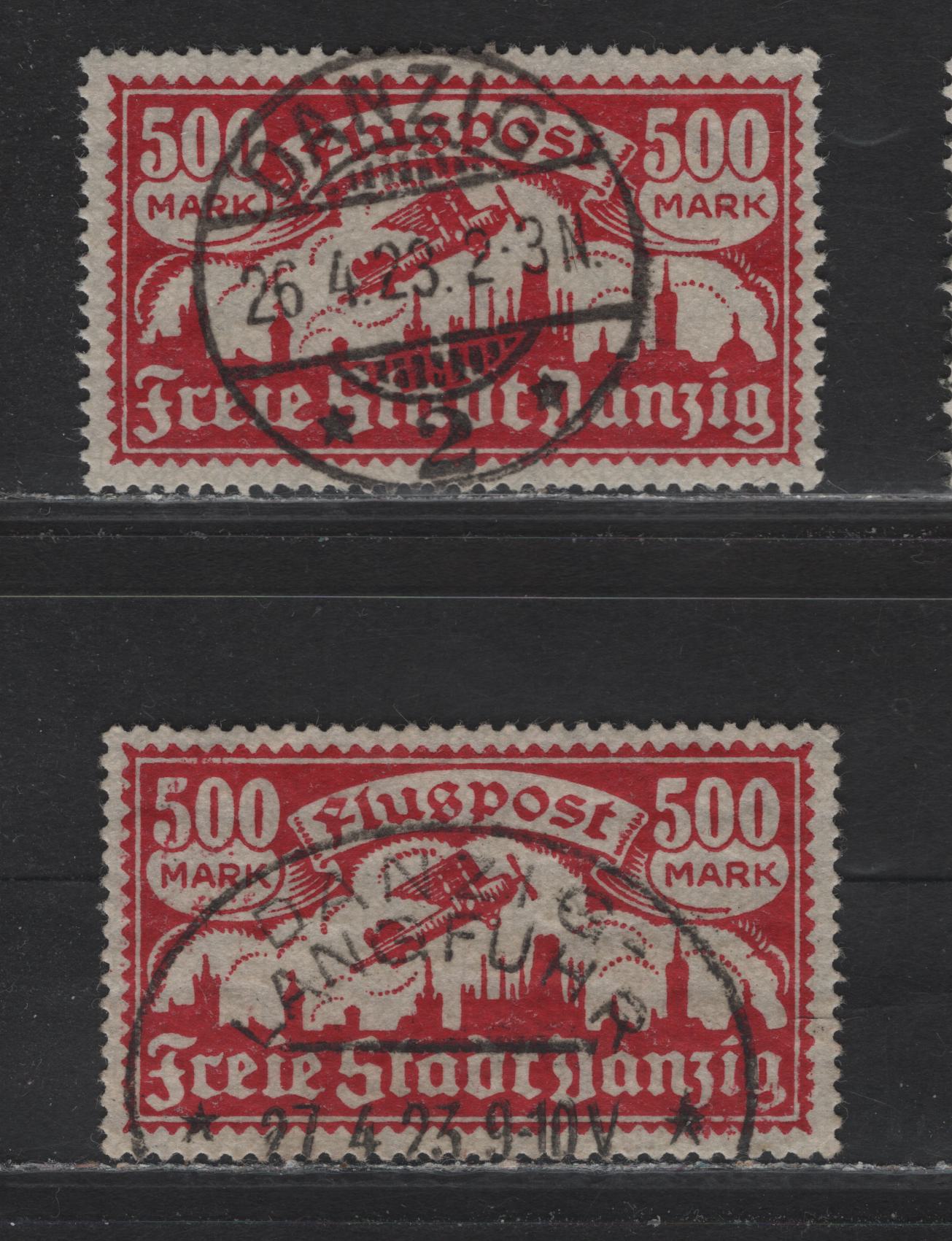 Lot 245 Danzig #C21 500m Carmine Rose Plane Over Danzig, 1923 Airmail Issue, 2 VF Used Singles With What Appear To Be Favour Cancels