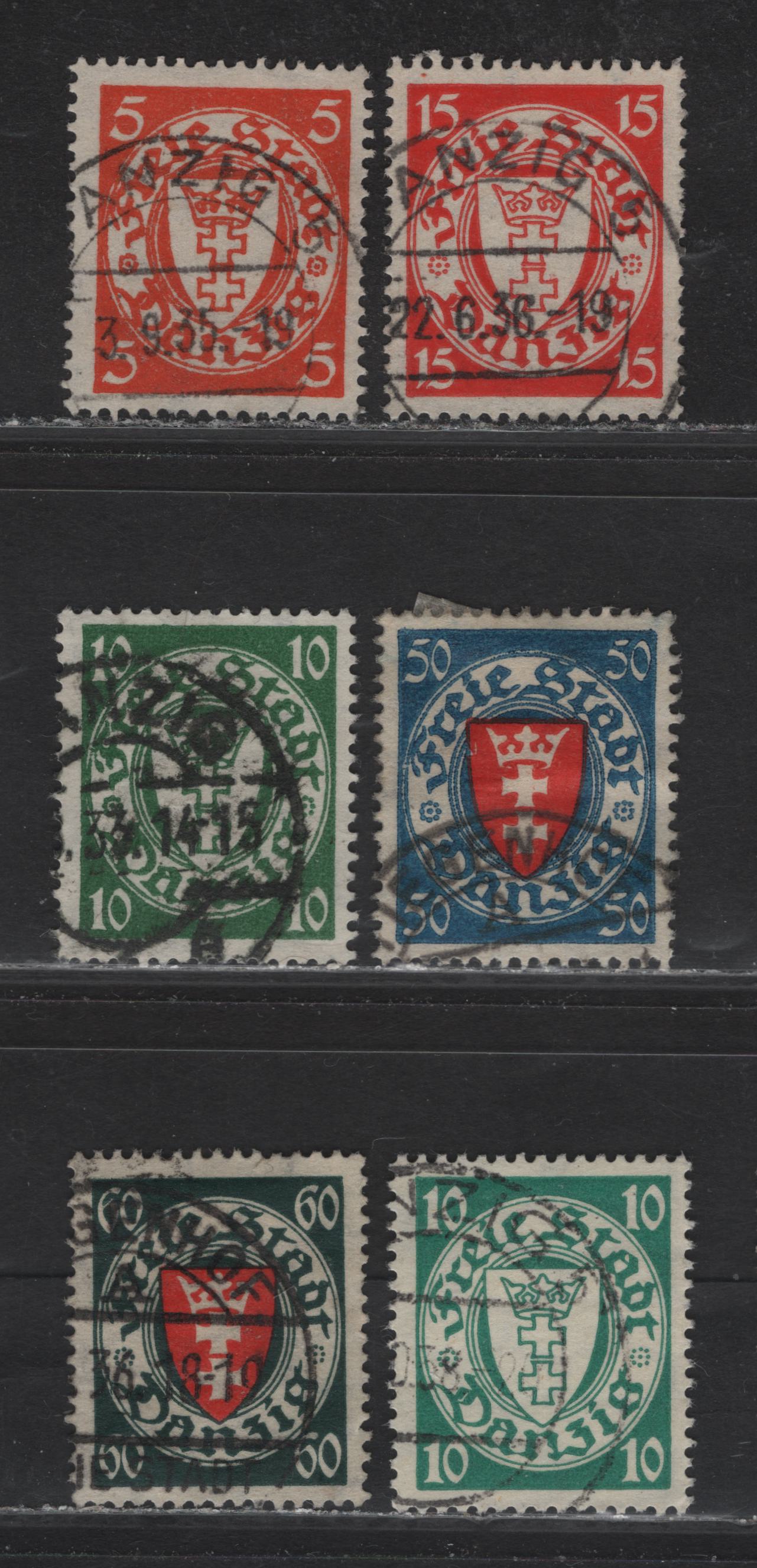 Lot 246 Danzig #170, 173a, 173c, 176, 187a, 189 5pf-60pf Orange - Dark Green & Red Coat Of Arms, 1924-1937 Arms Issue, On Yellowish & White Paper, Wmk Webbing, 6 Fine & VF Used Singles