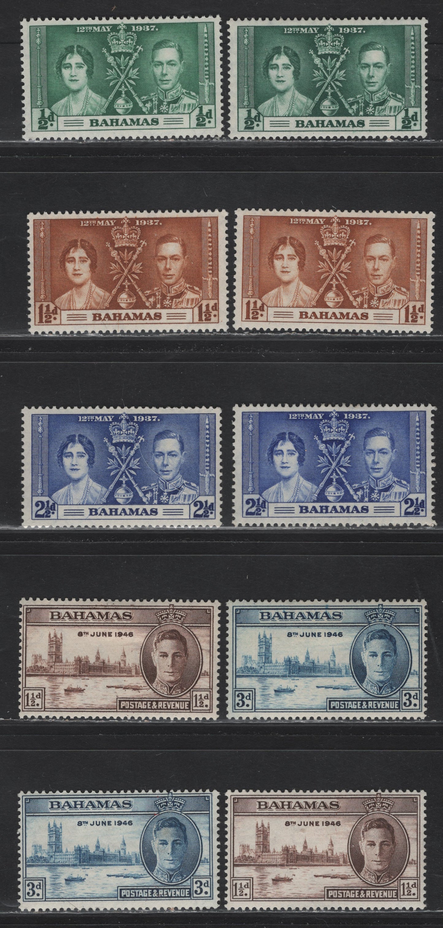 Lot 258 Bahamas (C) #146-148, 176-177 1/2d-3d Green - Dark Blue King George VI & Queen Elizabeth - Parliament Buildings, 1937 Coronation Issue & 1946 Peace Issue, Shade Variations Of All Stamps, 10 Fine & VFOG Singles