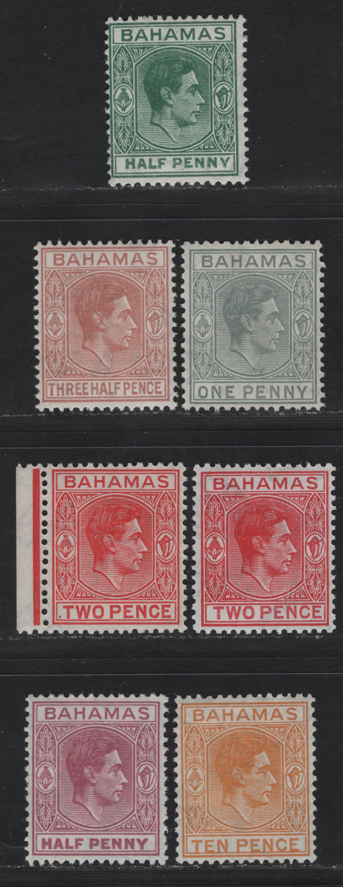 Lot 263 Bahamas (C) #149c/152bc, 154c 1/2d-10d Bluish Green -Yellow Orange 1938-1952  King George VI Definitive Issue, 7 Fine & VFOG & VFNH Singles 1944, 1946, 1948 and 1952 Printings, Includes 2d Dull Rose Red & 1.5d Pale Red Brown, Both NH