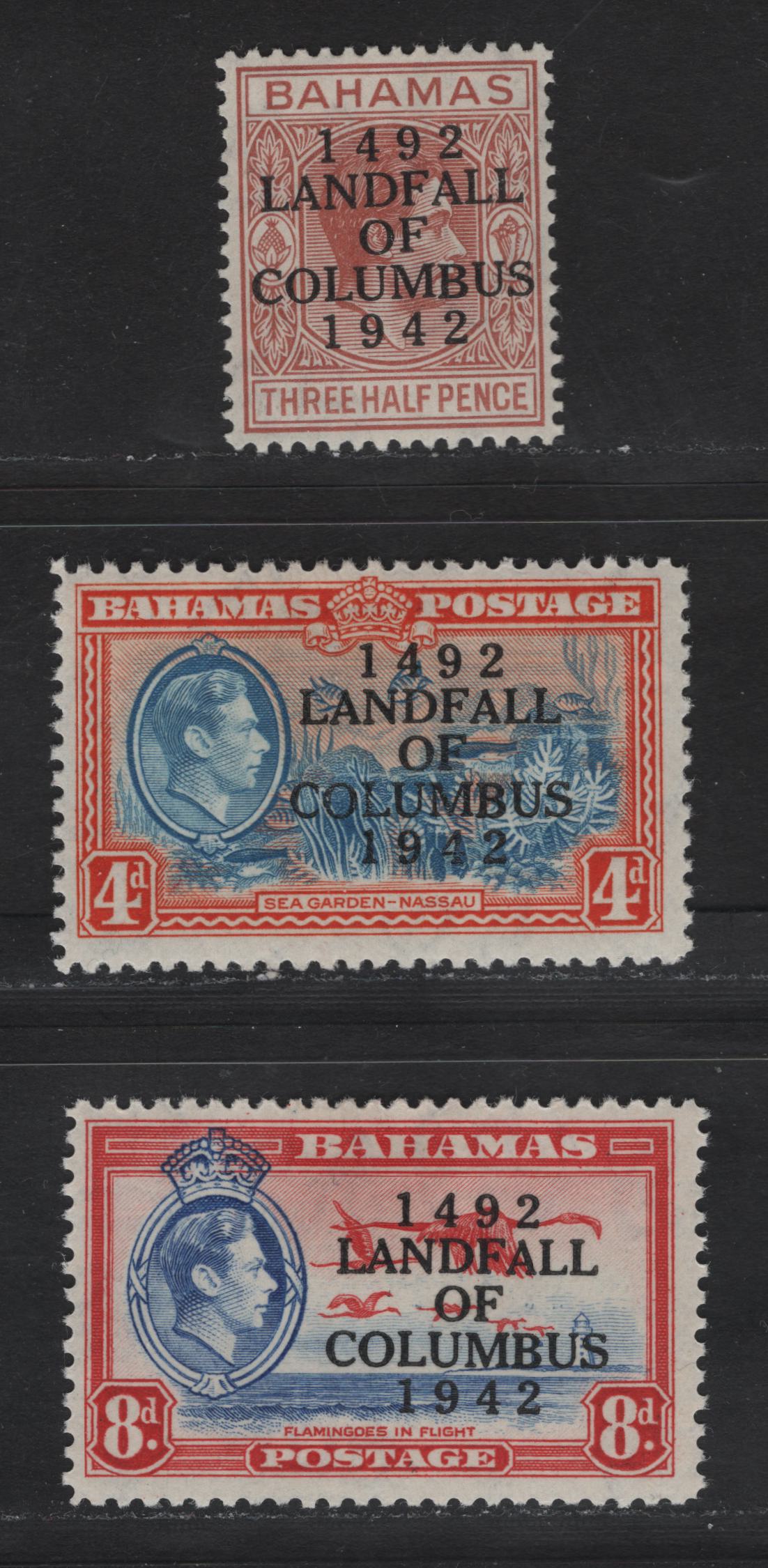Lot 266 Bahamas #164, 168, 170 1.5d, 4d, 8d Red Brown - Ultramarine & Scarlet King George VI - Flamingoes, 1942-1945 Landfall Of Columbus Issue, 3 Fine & VFOG Singles Overprinted 1938 Printings With Toned Gum Having Random Crazing