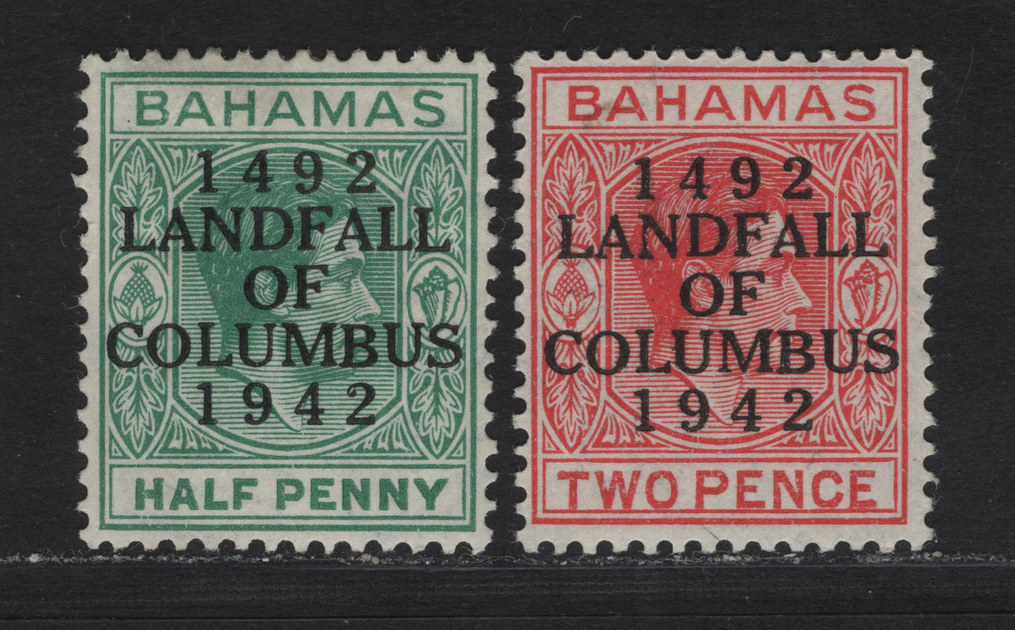 Lot 269 Bahamas (C) #162, 165 1/2d, 2d Bluish Green & Scarlet King George VI, 1942-1945 Landfall Of Columbus Issue, 2 VFOG Singles Overprinted 1942 Printings On Opaque Paper, With Smooth Gum