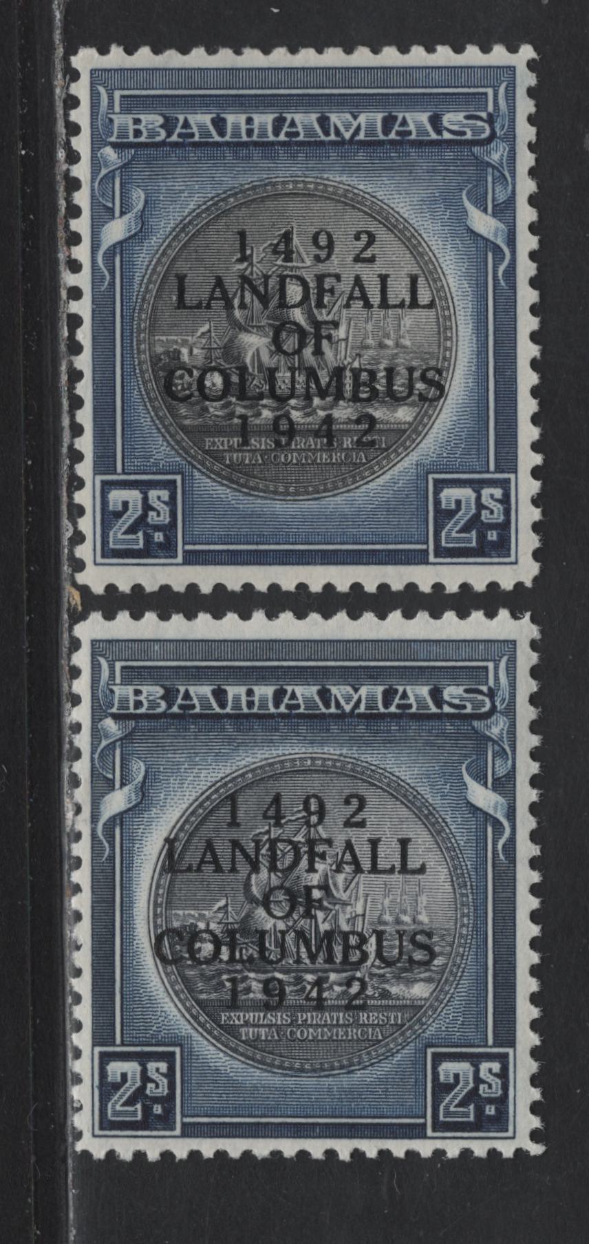 Lot 273 Bahamas (C) #172, 172b 2/-  Slate Purple & Indigo And Brownish Black & Steel Blue Badge Of The Colony, 1942-1945 Landfall Of Columbus Issue, 2 VFOG & VFNH Singles Overprinted 1942 & 1944 Printings