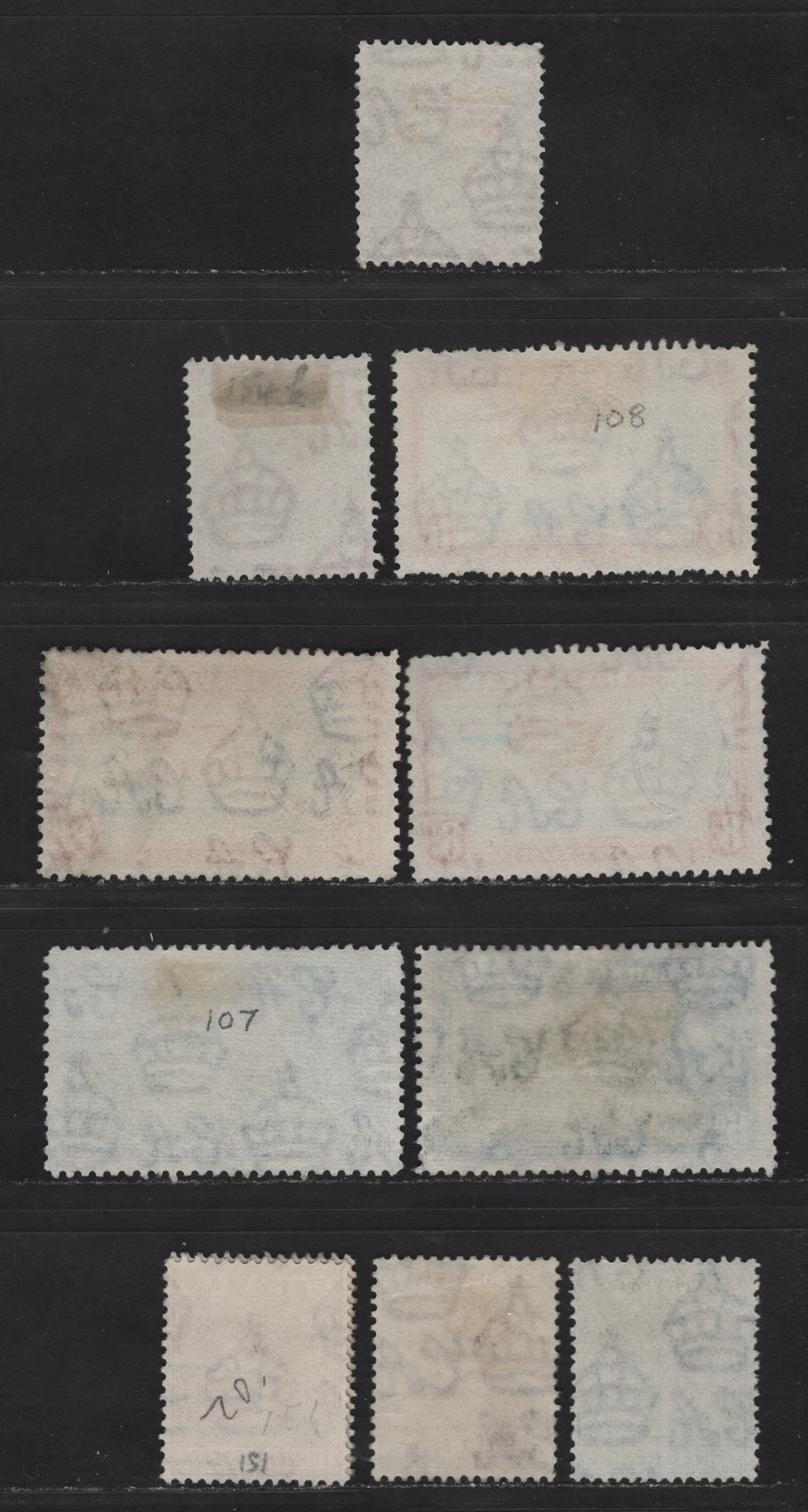 Lot 278 Bahamas (C) #151, 150ab, 154a, 154c, 159-160 1d-10d Pale Slate - Orange Yellow  1938-1952  King George VI Definitive Issue, 11 Fine & VF Used Singles 1944-1946 Printings On Translucent Paper With Visible Wmk, Shade Variations