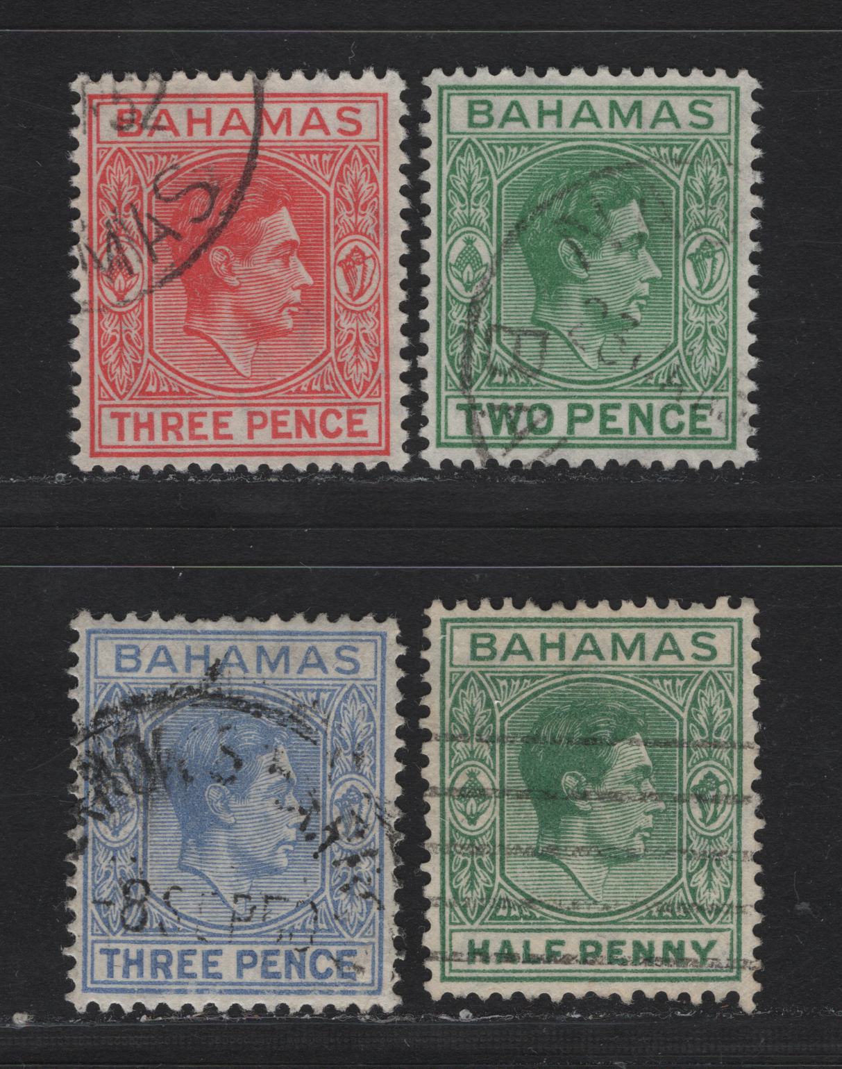 Lot 279 Bahamas (C) #149d, 154a, 152c, 154b 1/2d-3d Myrtle Green - Scarlet King George VI, 1938-1952  King George VI Definitive Issue, 4 VF Used Singles 1946, 1950, 1951 & 1952 Printings On Opaque Paper& Translucent Paper With Visible Wmk
