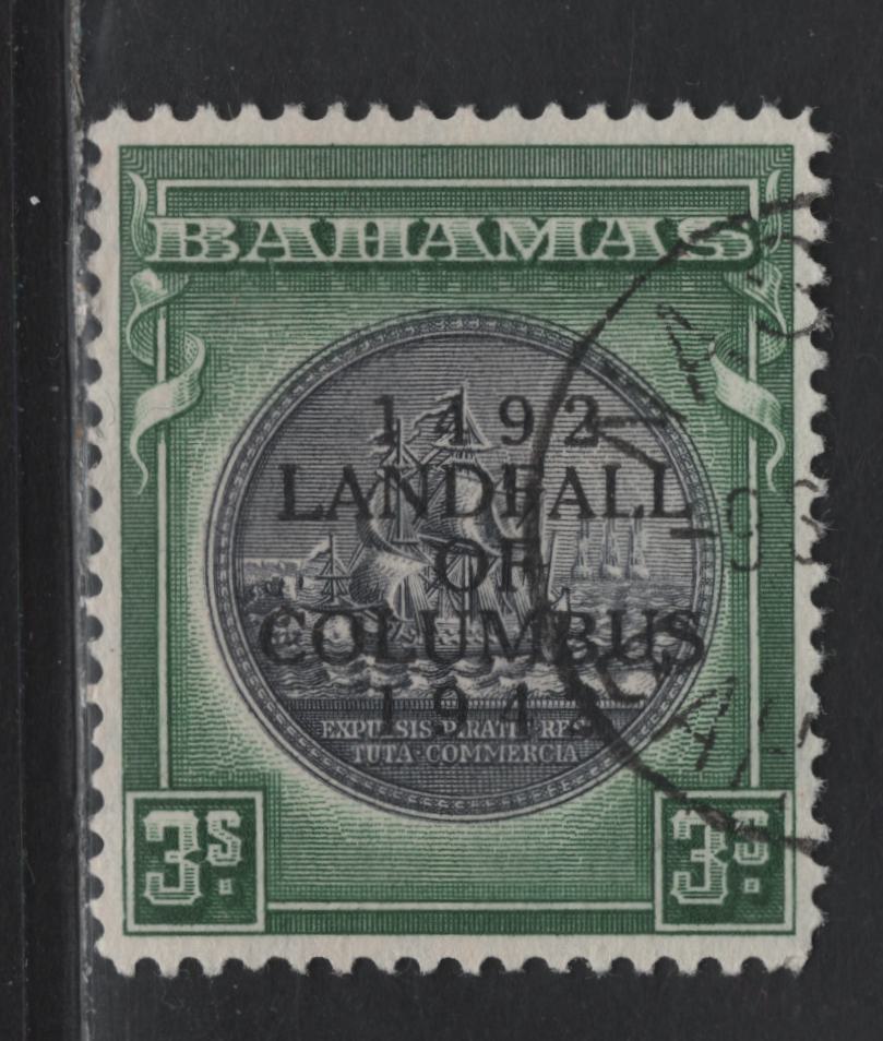 Lot 290 Bahamas (C)SG#173 3/- Slate Purple & Mrytle Green , 1942 Columbus Issue, A Very Fine Used Single, 1942 Printing On Opaque Paper With Partially Visible Wmk