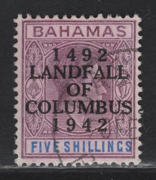 Lot 291 Bahamas (C)SG#174a 5/- Purple & Blue , 1942 Columbus Issue, A Very Fine Used Single, 1942 Printing, Opaque Ordinary Paper