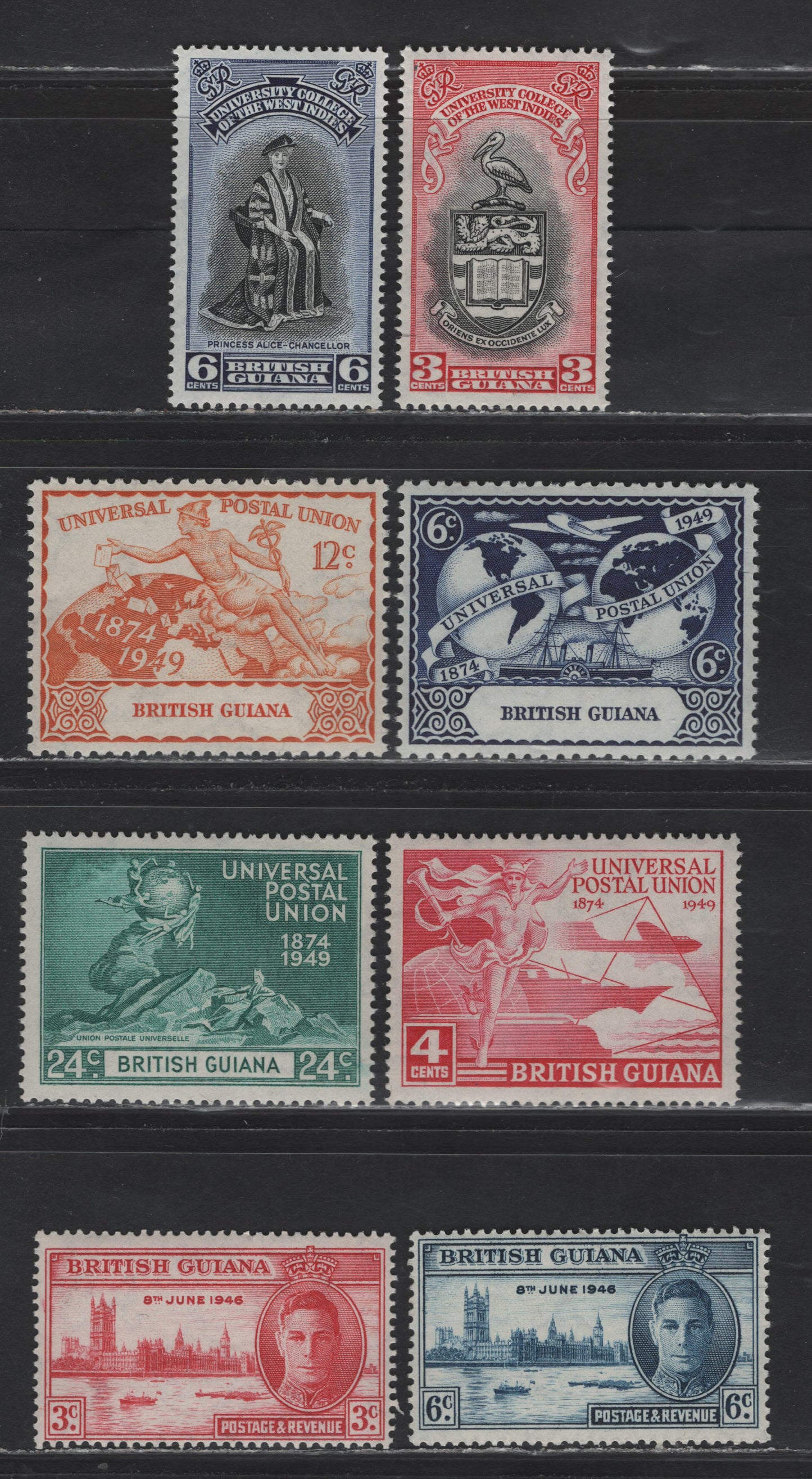 Lot 292 British Guiana (C)SG#320-321, 324-329 3c - 6c Scarlet - Black & Blue , 1946-1951 Victory - BwI University College Issues, 8 F/VFNH Singles,   .