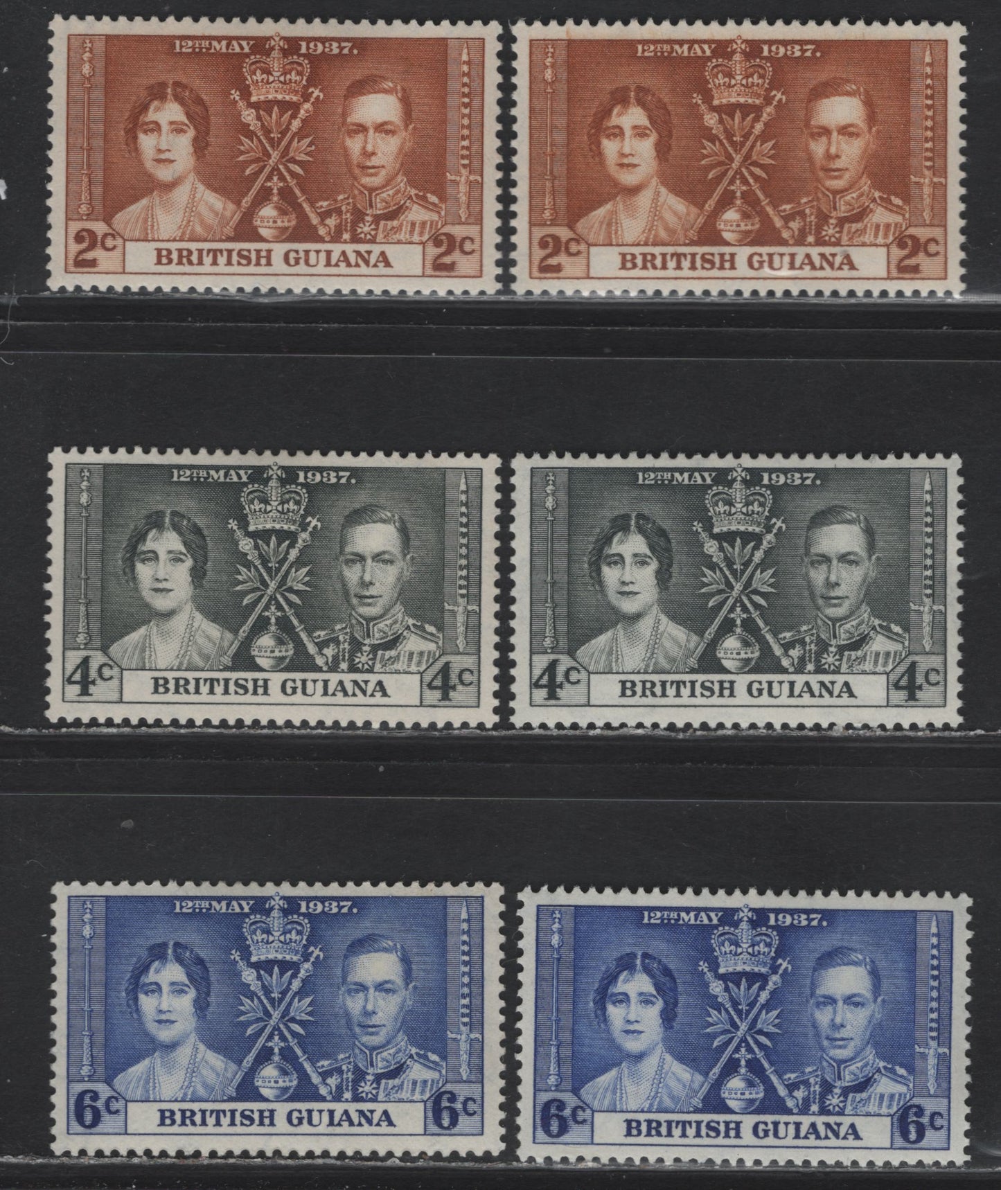 Lot 293 British Guiana SG#305-307 2c - 6c Yellow Brown - Bright Blue , 1937 Coronation Issue, 6 VFOG Singles, Subtle Shade Varieties Of All Three Shades