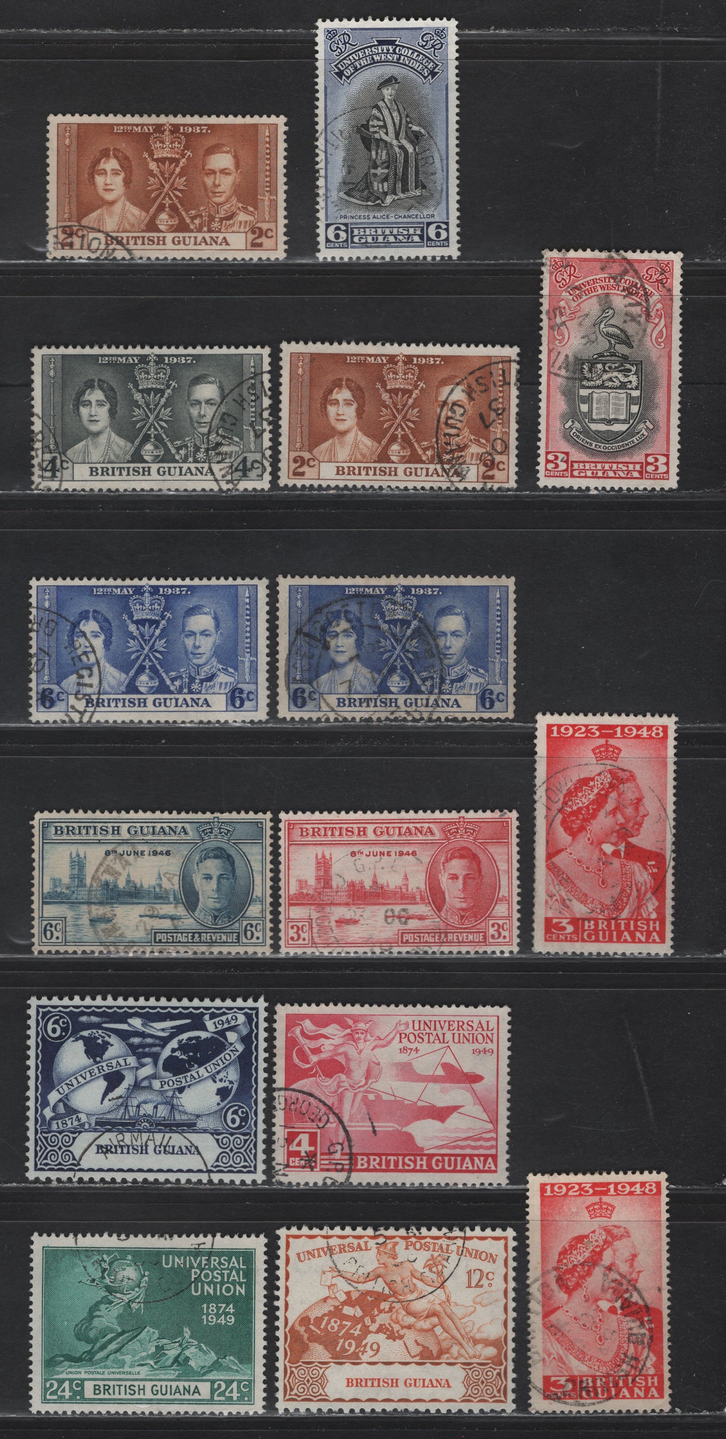Lot 299 British Guiana (C)SG#305-307, 320-322, 324-329 2c - 6c Yellow Brown - Black & Blue , 1937-1951 Coronation - BwI University College Issues, 15 Fine/Very Fine Used Singles, Shade Varieties On 1937 Coronation Issue