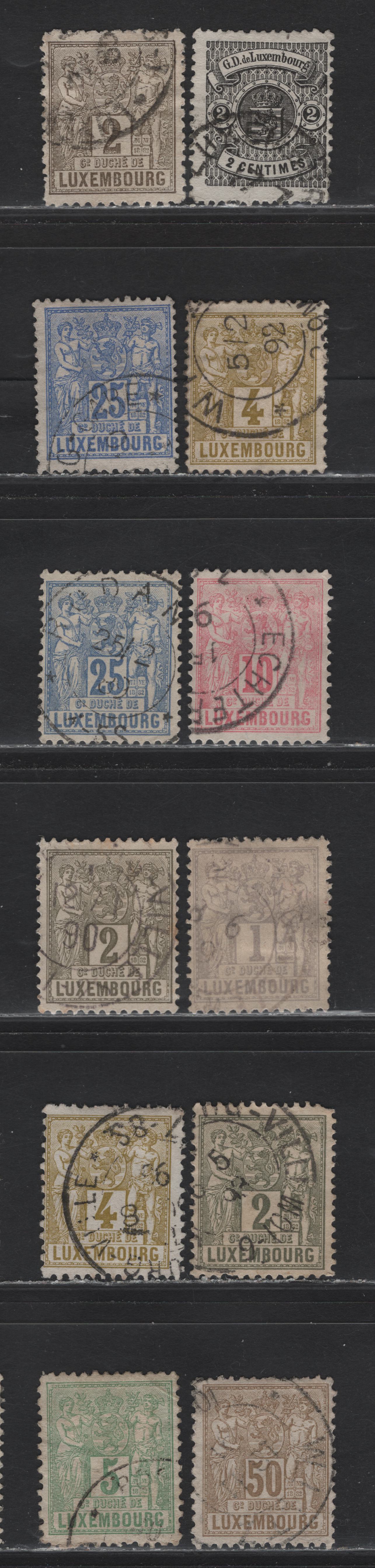 Lot 30 Luxembourg SC#41, 48-49,a,b, 50-a, 51a, 52, 55,c, 57 2c - 50c Black - Bistre Brown , 1880-1882 Arms - Industry & Commerce Issues, 12 Fine Used Singles, Haarlem Print (1880-1881) Perfs 12.5x12, 1882 Perfs 12.5, 12.5x12, 11.5x12 & 13.5