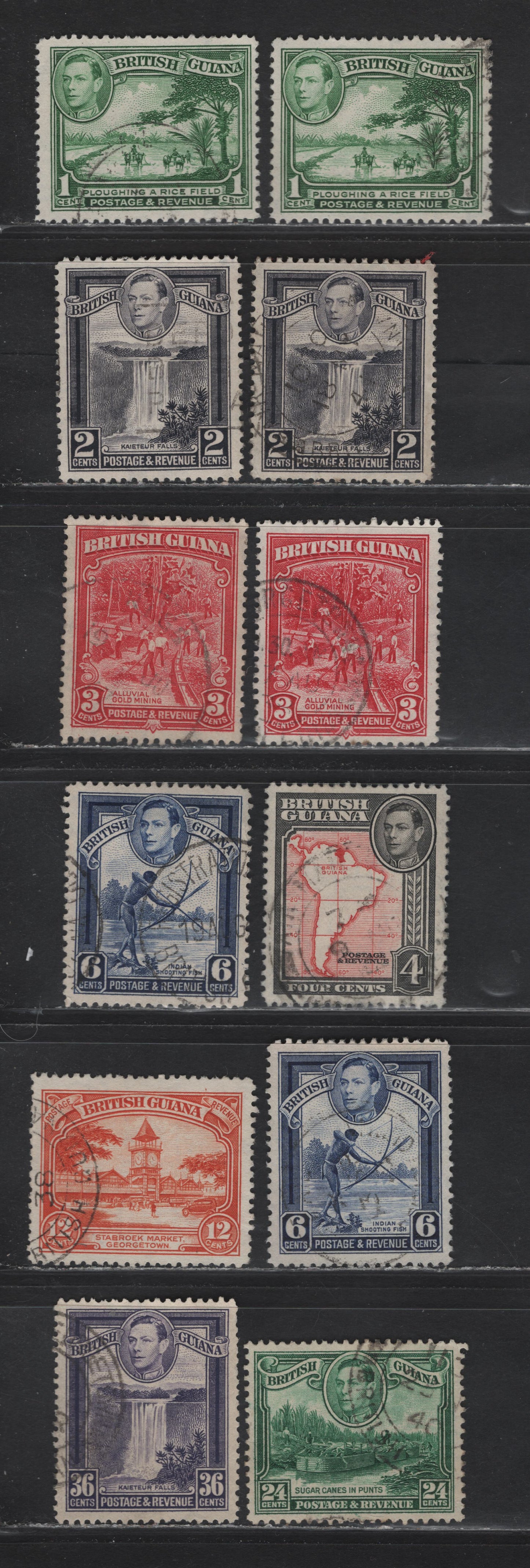 Lot 303 British Guiana SG#290, 293, 308-a, 309-313 1c - 36c Yellow Green - Bright Violet , 1934-1952 KGVI Pictorial Issues, 12 Fine/Very Fine Used Singles, Group of 1938-40 Printings, Opaque Cream Paper With Very Visible Wmk