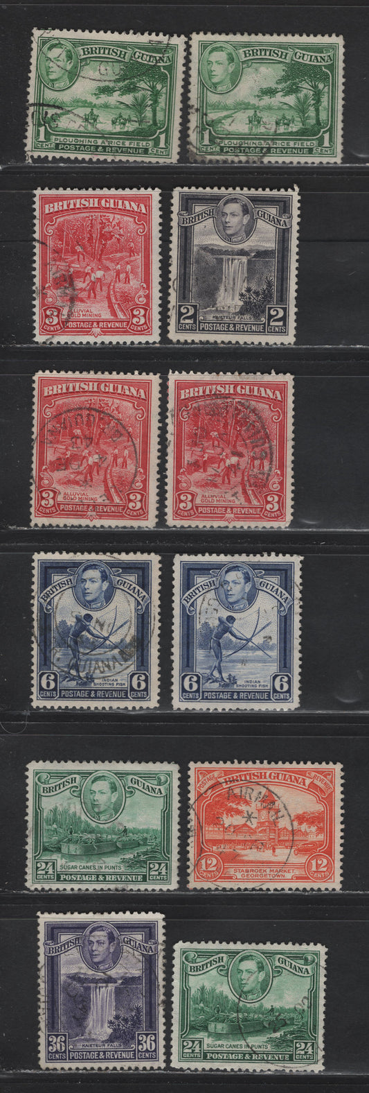 Lot 305 British Guiana SG#290, 293, 308a, 309, 311, 312a, 313 3c - 36c Scarlet - Bright Violet , 1934-1952 KGVI Pictorial Issues, 12 Fine/Very Fine Used Singles, 1944 Printings On Translucent Wove Paper With Clearly Visible Wmk, Shade Variations
