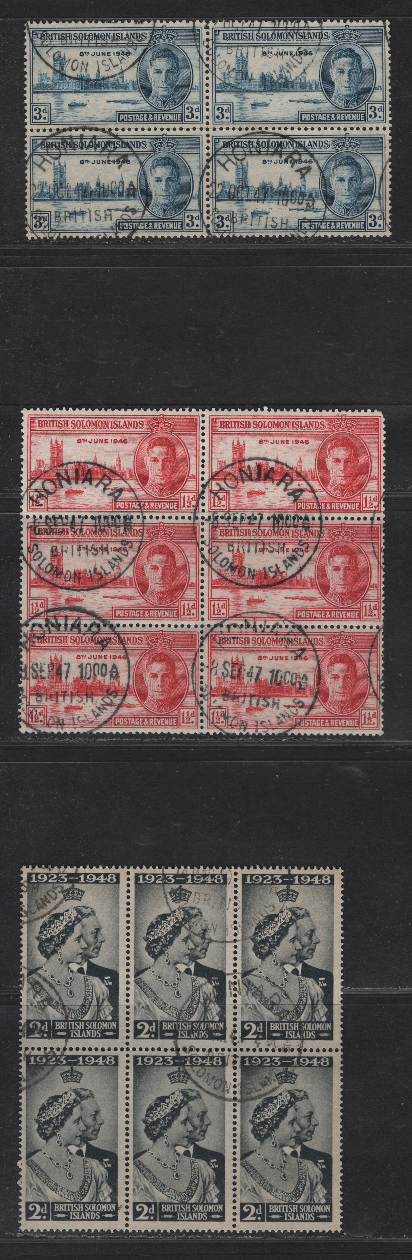 Lot 309 British Solomon Islands (C)SG#73-75 1.5d - 2d Carmine - Black , 1946 Peace - Royal Wedding Issues, 3 Very Fine Used Blocks Of 4 & 6, Honiara CDS Cancels