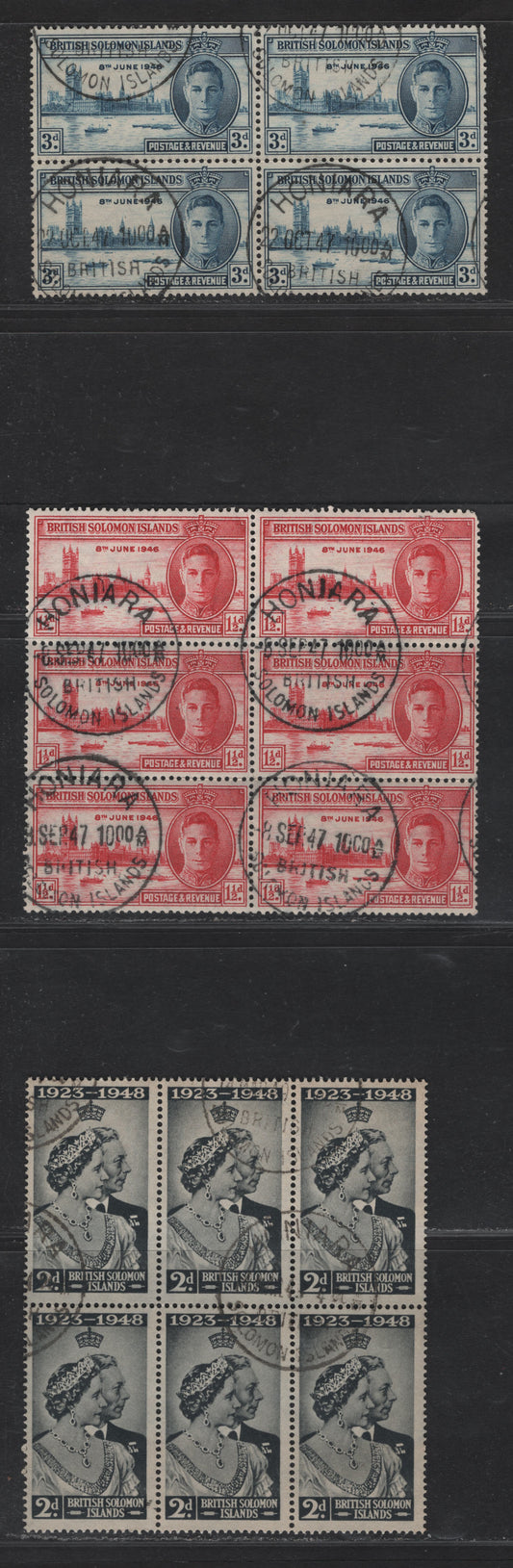 Lot 309 British Solomon Islands (C)SG#73-75 1.5d - 2d Carmine - Black , 1946 Peace - Royal Wedding Issues, 3 Very Fine Used Blocks Of 4 & 6, Honiara CDS Cancels