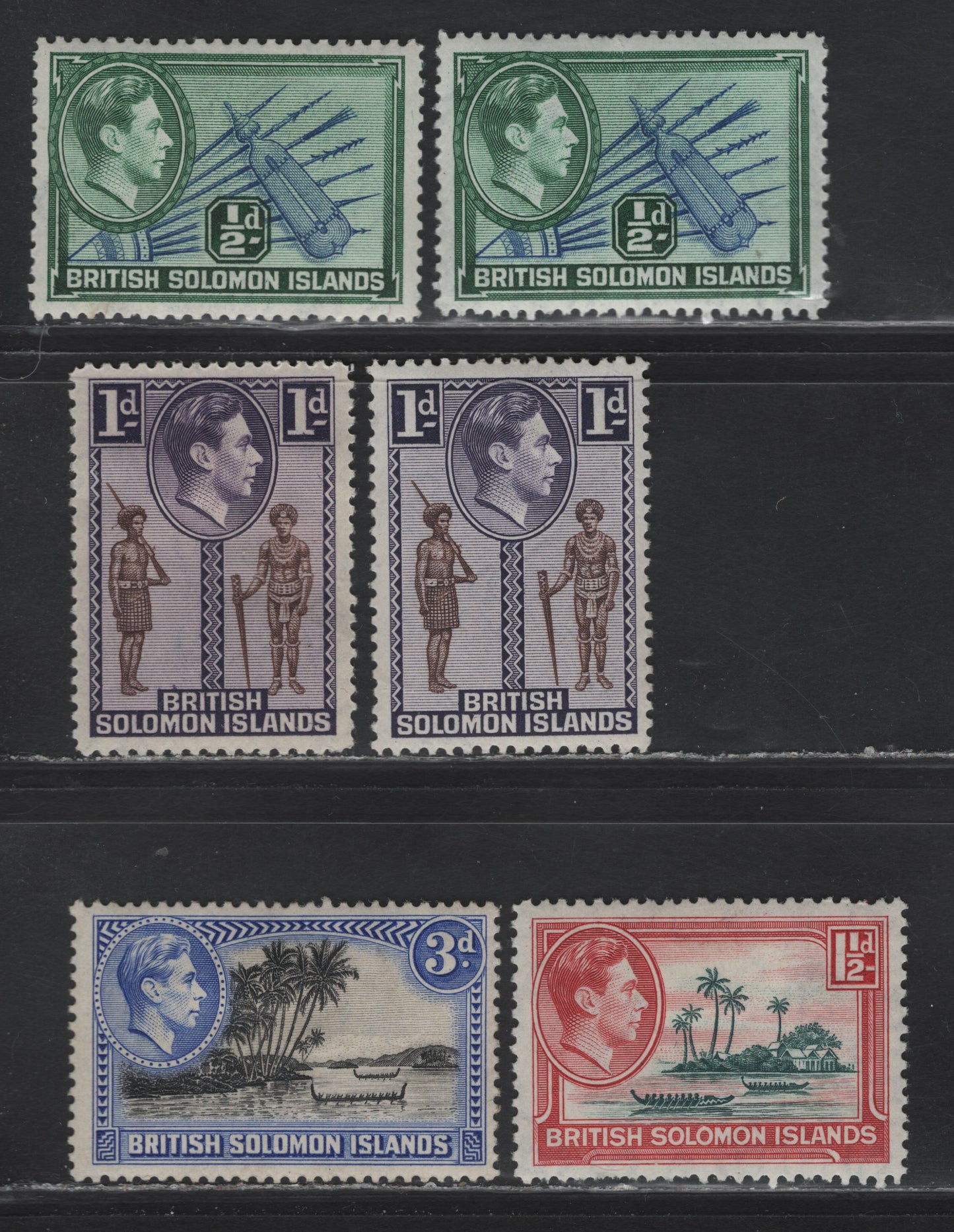 Lot 314 British Solomon Islands (C)SG#60-62, 65 1/2d - 3d Blue & Blue Gren - Black & Ultramarine , 1939-1951 KGVI Pictorial Issue, 6 VFOG Singles, 1942 Printings on Opaque White Paper With Crackly Gum & Barely Visible Wmk, Two Shades Each Of 1/2d & 1d