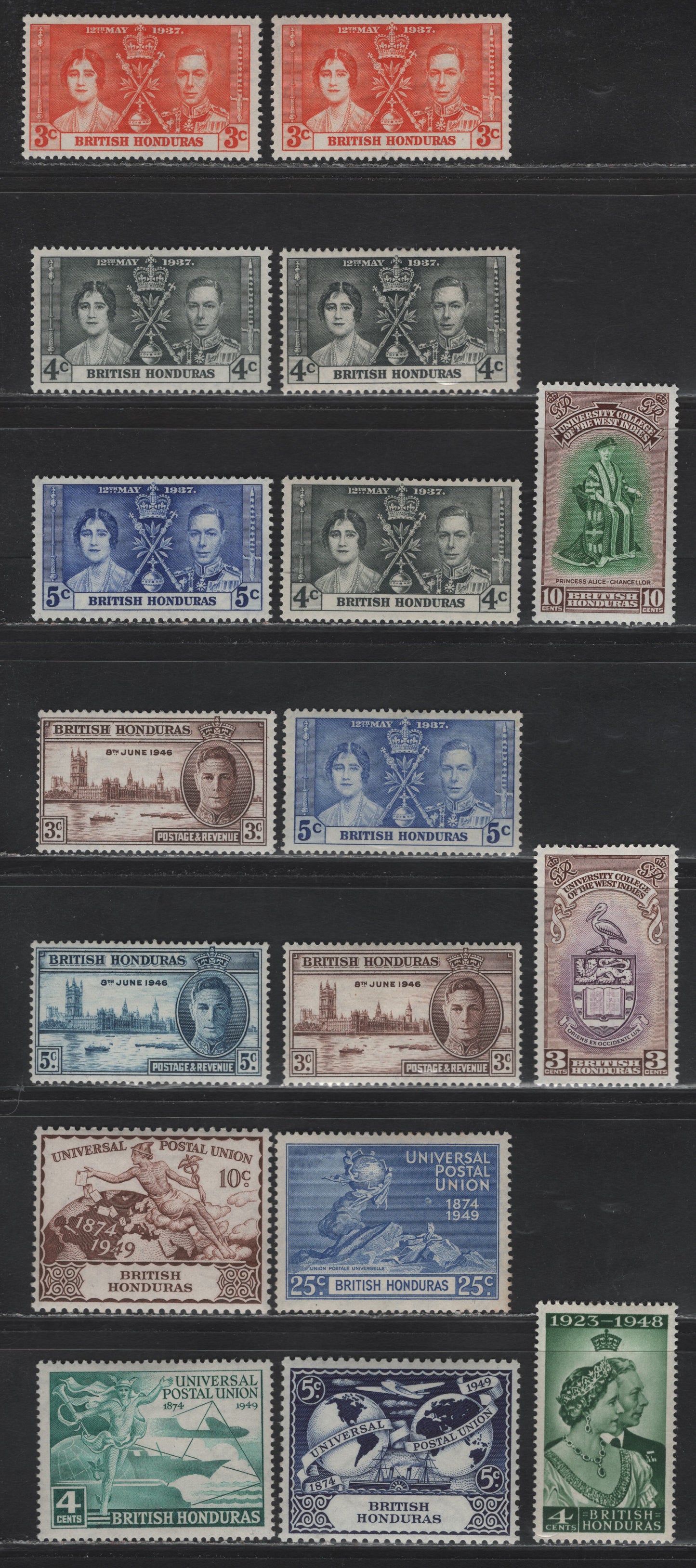 Lot 319 British Honduras (C) #147-149, 162-163, 172-177 3c-10c Orange - Green & Brown King George VI & Queen Elizabeth - BWI University Chancellor, 1937 Coronation-1951 BWI University College Issues, 17 Fine & VFOG & VFNH Singles With Shade Varieties