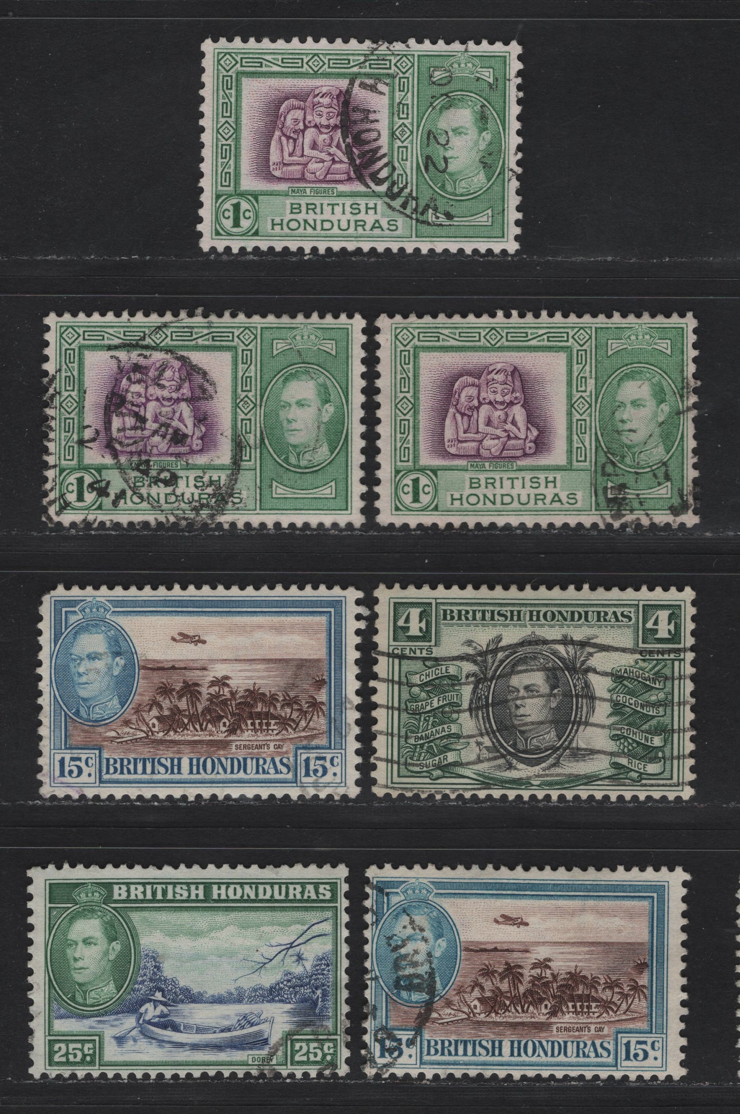 Lot 323 British Honduras (C) #150, 153, 156, 157 1c-25c Purple & Emerald - Blue & Green Maya Figures - Dorey, 1938-1947 King George VI Pictorial Issue, 7 Fine & VF Used Singles 1938 & 1952 Printings, On Paper With Horizontal Mesh & Cross-Hatched Mesh