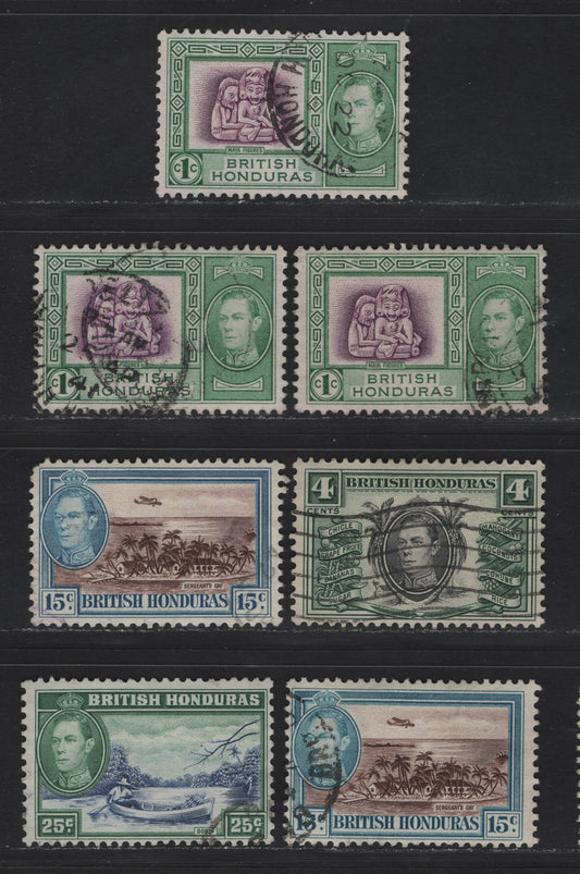 Lot 323 British Honduras (C) #150, 153, 156, 157 1c-25c Purple & Emerald - Blue & Green Maya Figures - Dorey, 1938-1947 King George VI Pictorial Issue, 7 Fine & VF Used Singles 1938 & 1952 Printings, On Paper With Horizontal Mesh & Cross-Hatched Mesh