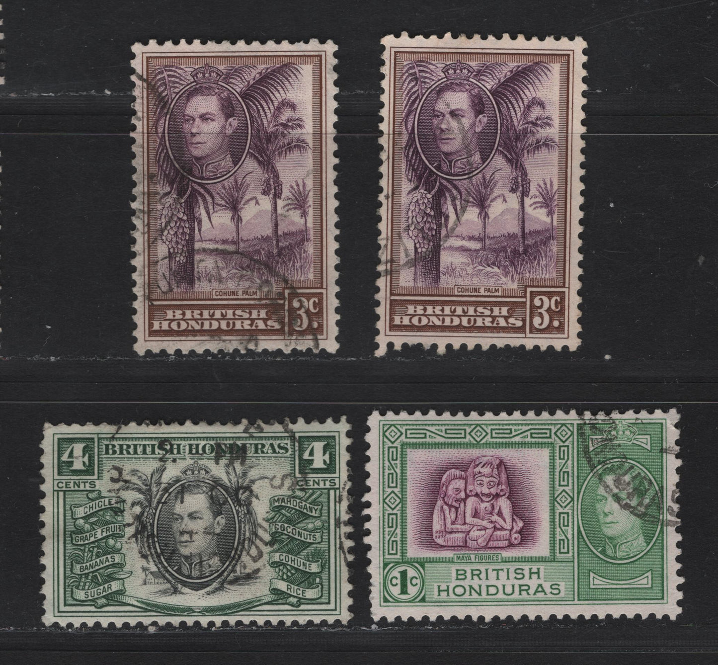 Lot 324 British Honduras (C) #150, 152-153 1c-4c Purple & Emerald - Black & Dark Green Maya Figures - Industries, 1938-1947 King George VI Pictorial Issue, 4 Fine & VF Used Singles 1942 Printings On Opaque Paper With Less Visible Watermark
