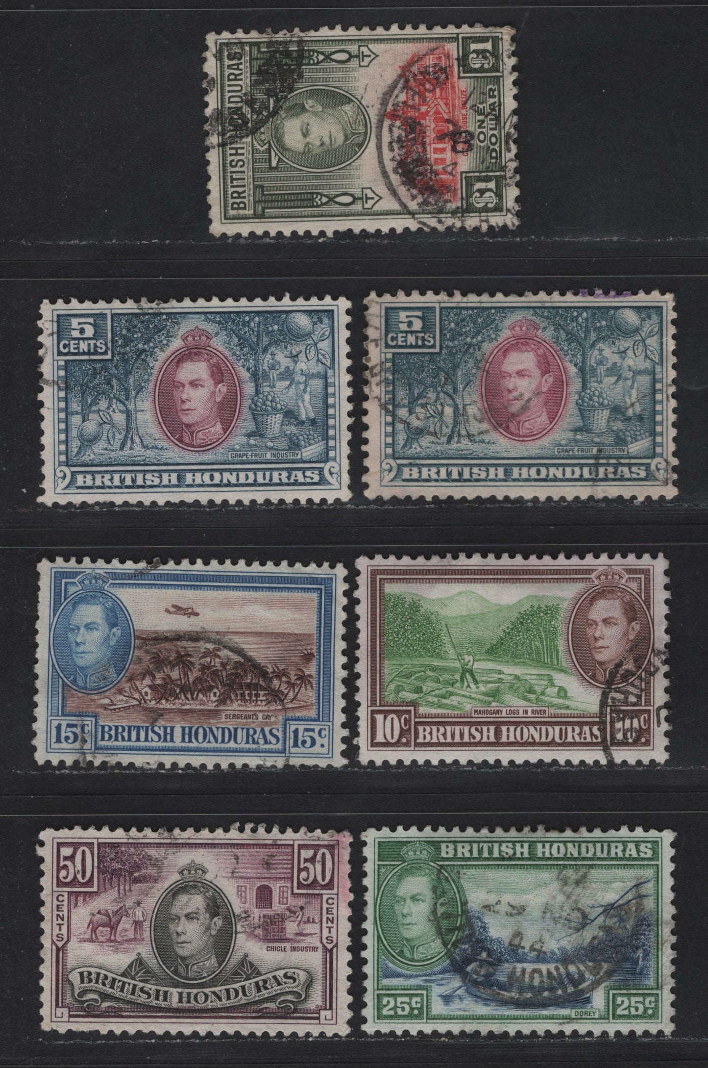 Lot 325 British Honduras (C) #154-159 5c-$1 Mauve & Dull Blue - Scarlet & Olive , 1938-1947 King George VI Pictorial Issue, 7 Fine & VF Used Singles 1944-45 Printings On Translucent Paper With Clear Watermark