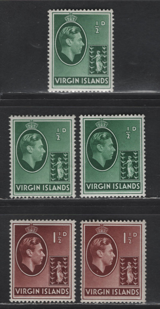 Lot 328 British Virgin Islands (C) #110a, 112-112a 1/2d-1d Green & Red Brown King George VI & Arms, 1938-1947  King George VI Photogravure Issue, 5 Fine & VFOG & VFNH Singles On Normal & Chalky Papers, Different Shades