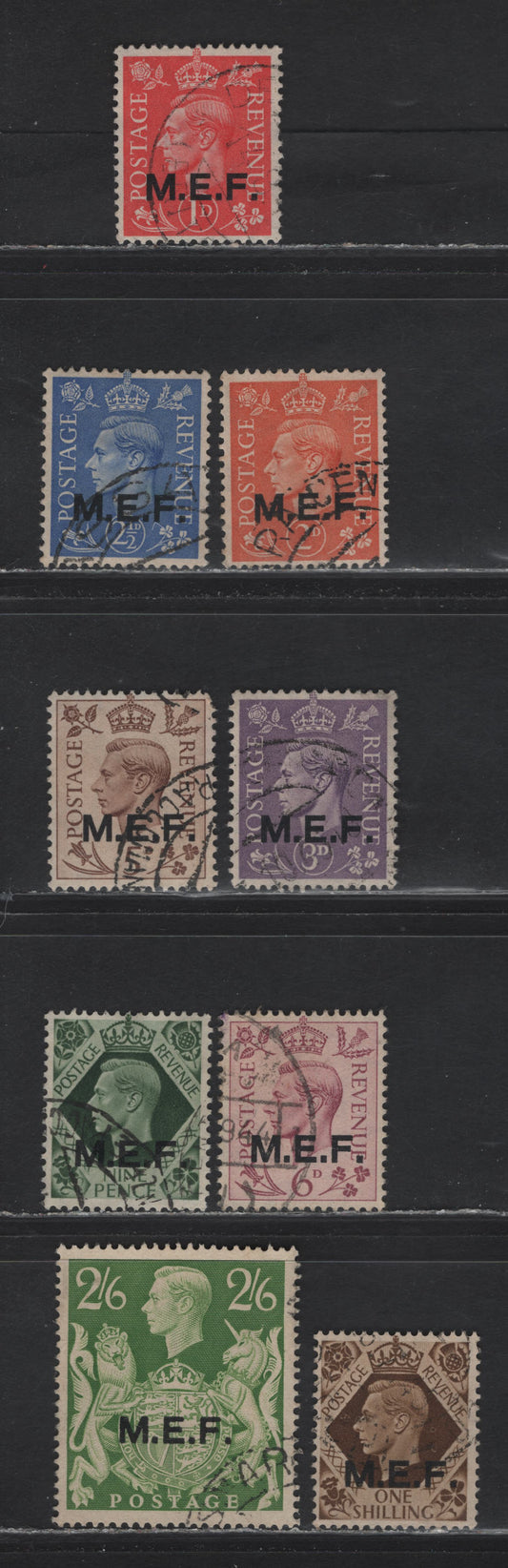 Lot 330 British Occupation of Italian Colonies #M11-M19 1d-2/6d Pale Scarlet - Yellow Green King George VI, 1943-1947 King George VI Dulac Definitives, 9 VF Used Singles Overprinted "M.E.F", With Oblong Stops