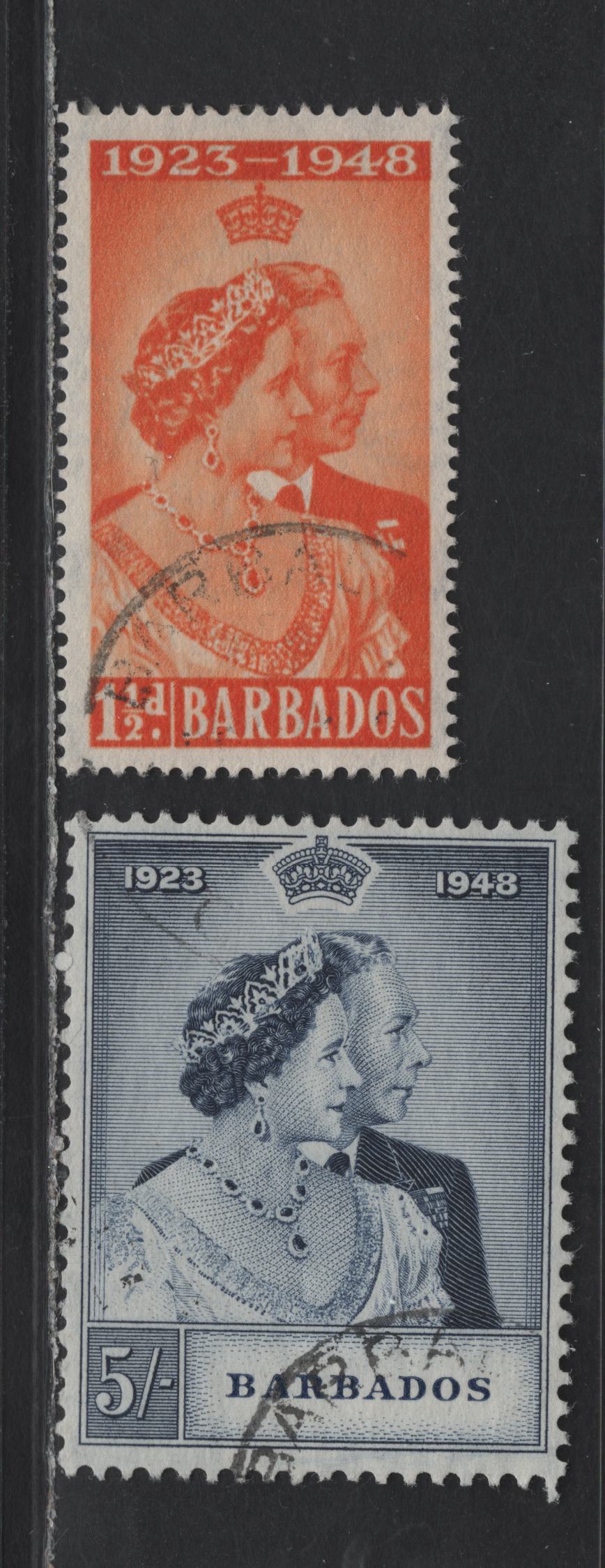 Lot 335 Barbados (C) #265-266 1.5d-5/-  Orange - Indigo King George VI & Queen Elizabeth, 1948 Silver Wedding Issue, 2 VF Used Singles