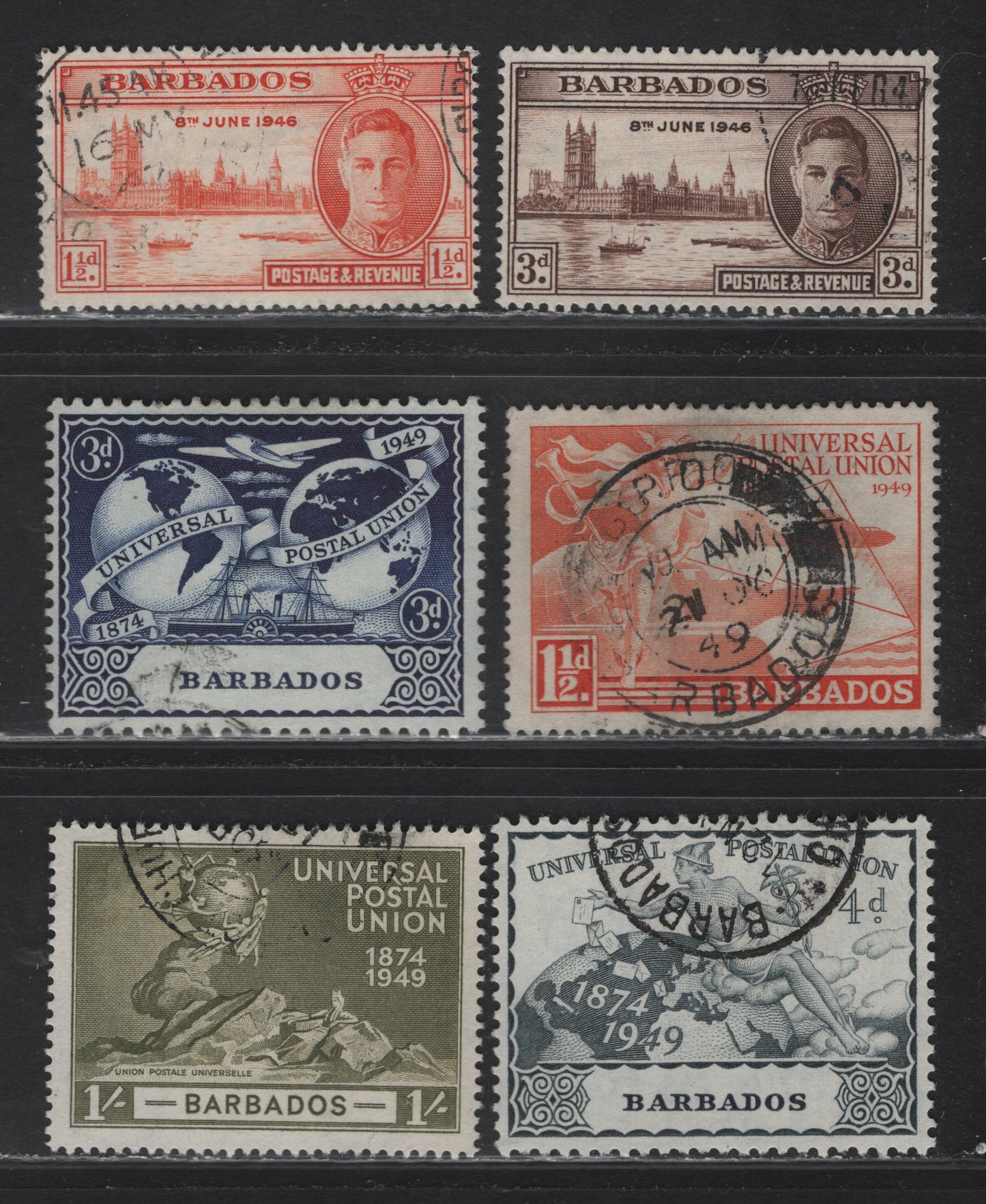Lot 336 Barbados (C) #262-263, 267-270 1.5d-1/- Red Orange - Olive Parliament Buildings - UPU Monument in Berne, 1946 Peace Issue & UPU Issues, 6 Fine & VF Used Singles